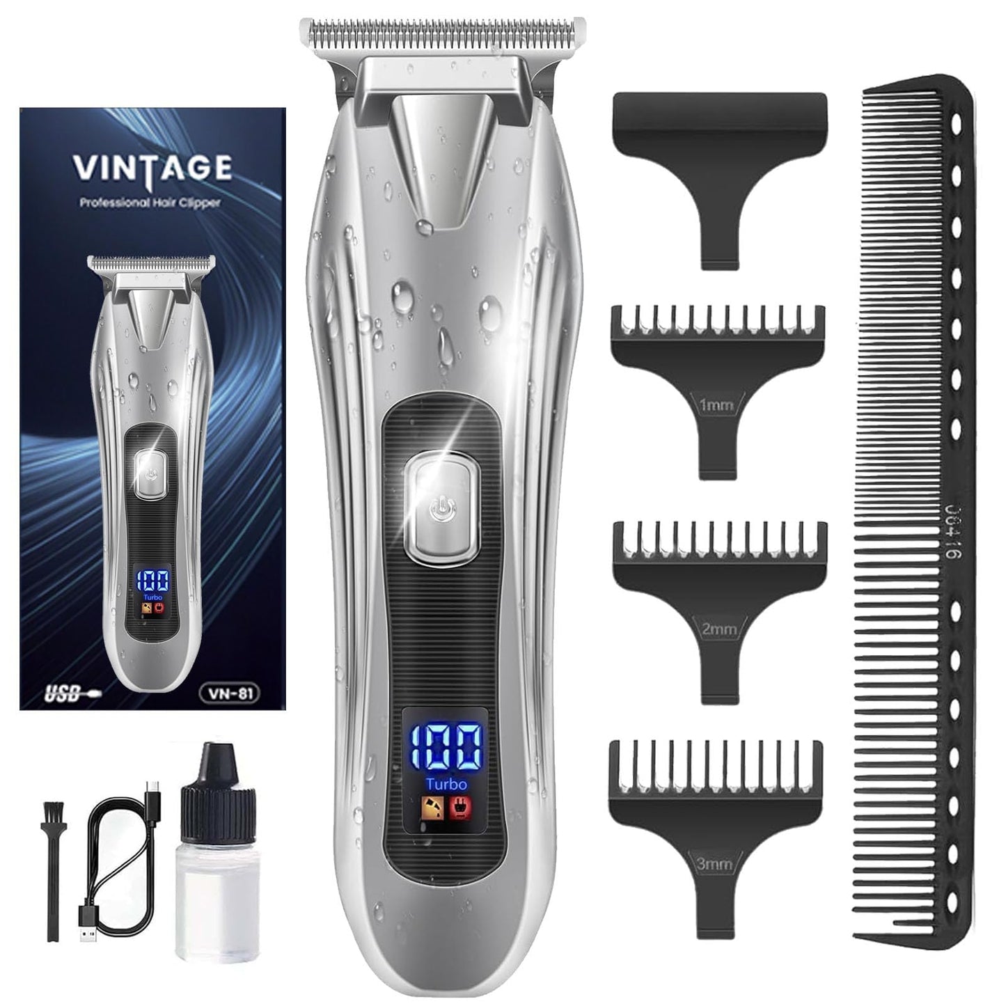 Cordless Beard Trimmer Professional Hair Clippers with T-Blade & LCD – Black