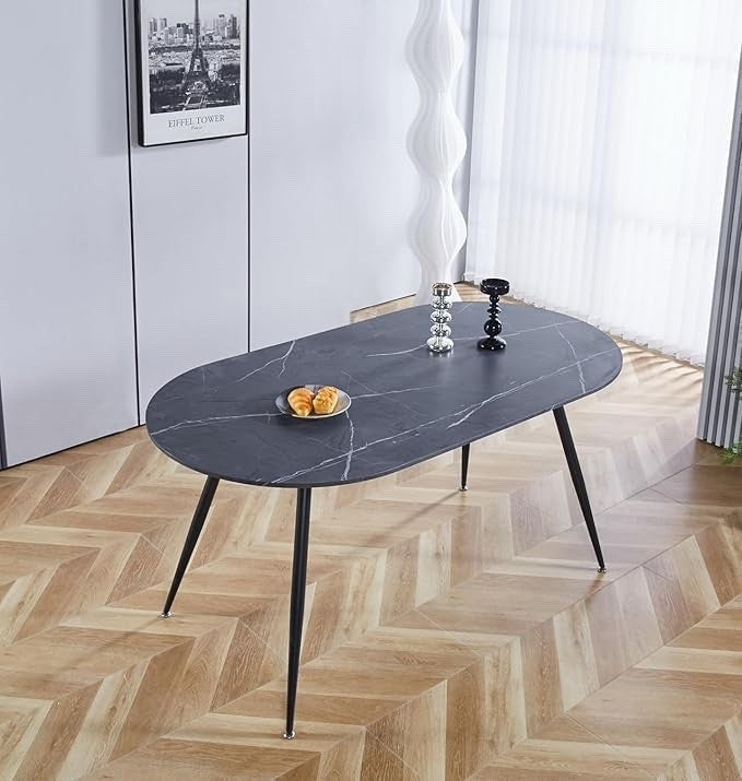 Oval Dining Table with Grey Marble Effect Top and Black Metal Legs