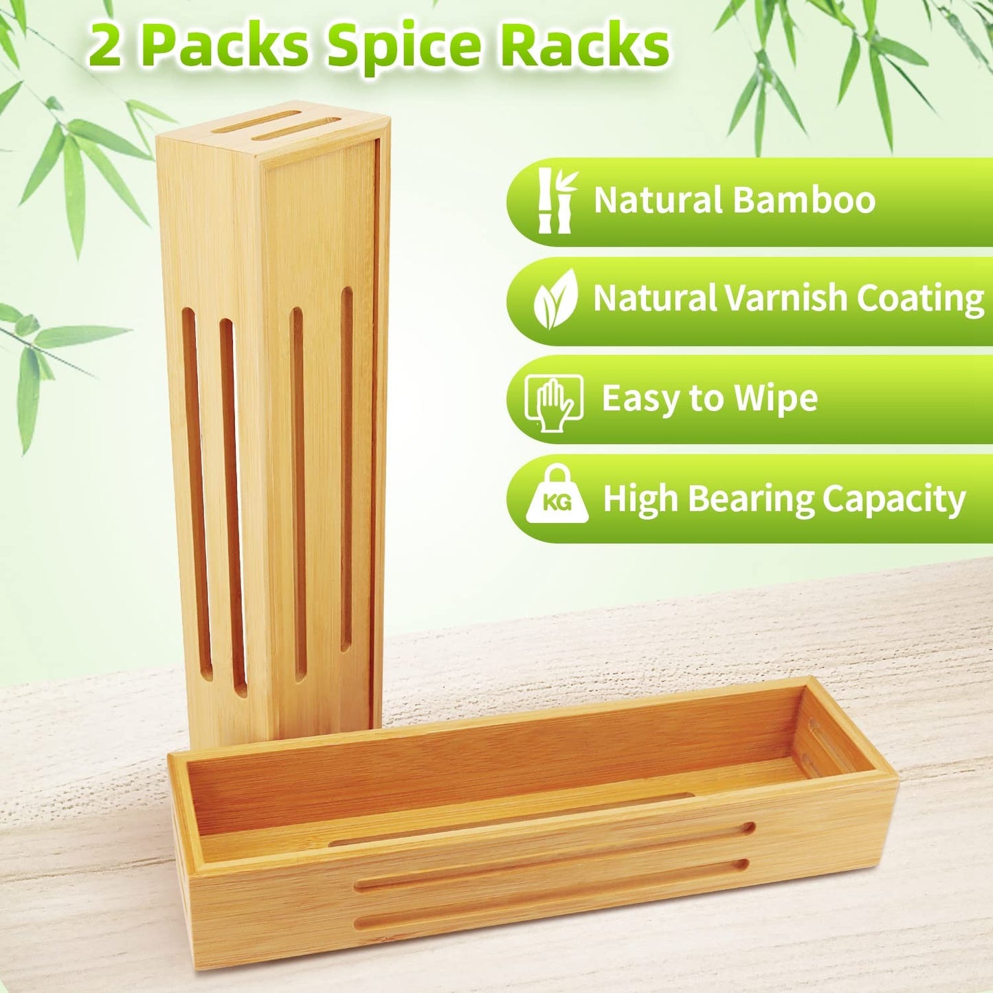 Bamboo Spice Rack Organiser without Self-Adhesive without Drilling - 2Packs