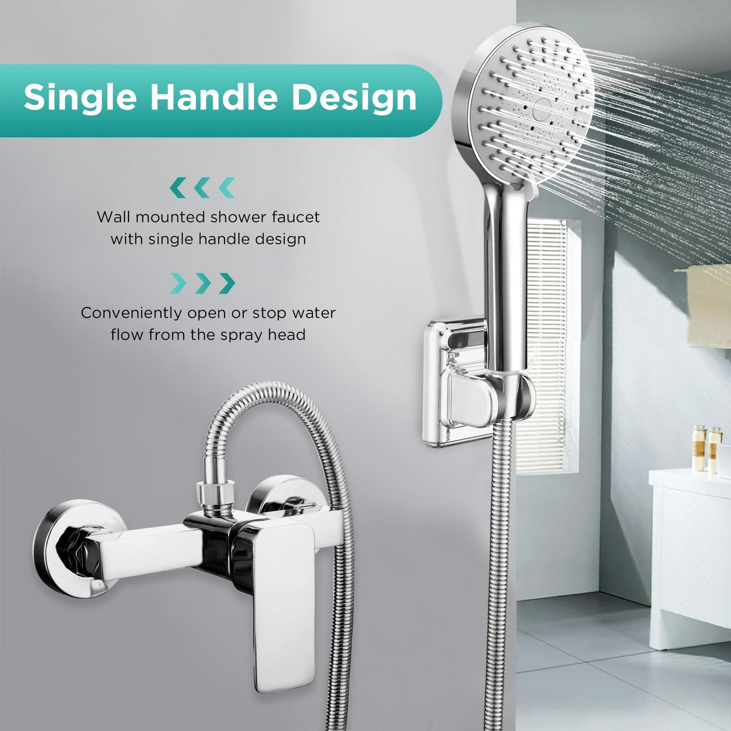Wall-Mounted Shower Mixer Tap Set Chrome 3-Spray Head 1.5m Hose – G1/2"