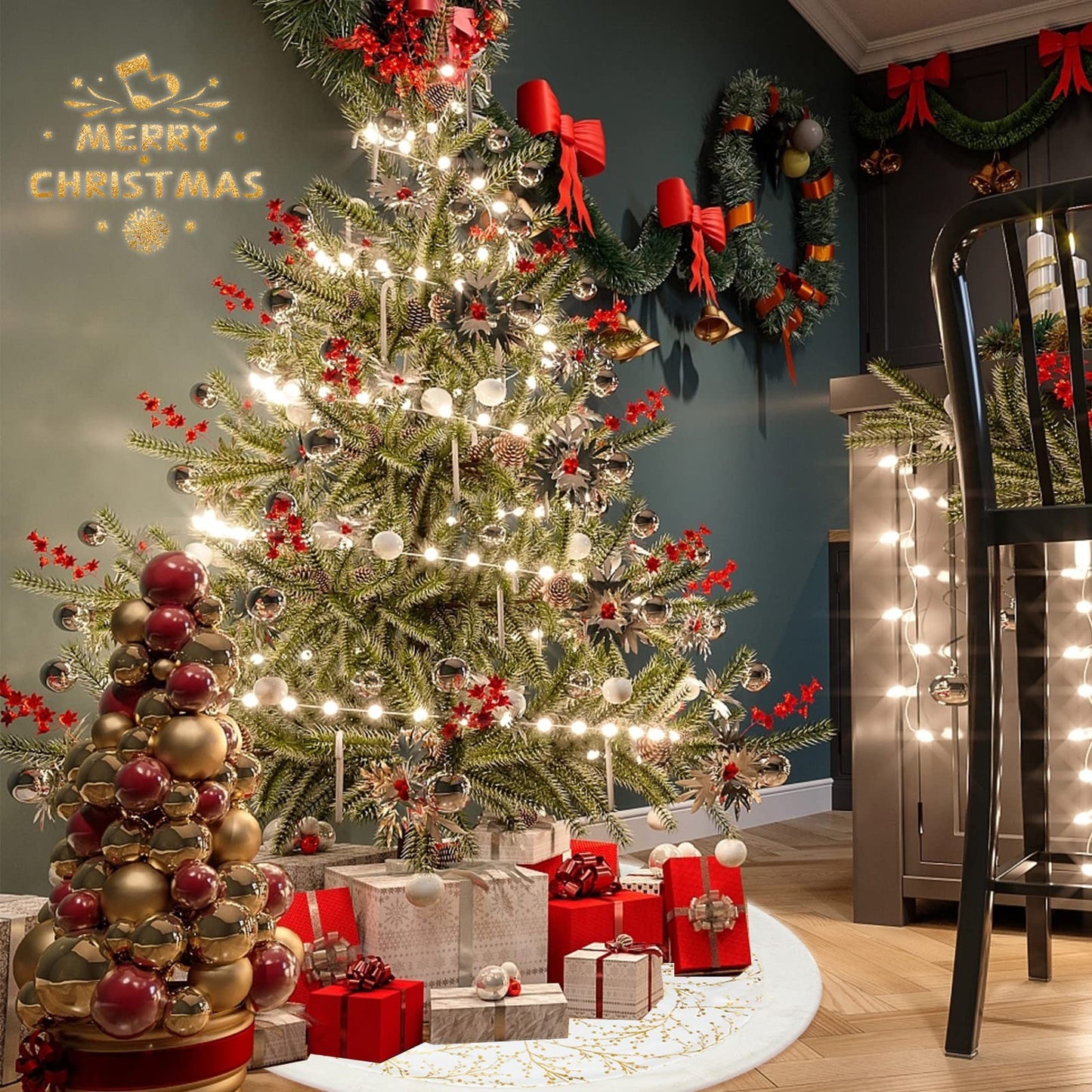 Leisuremix Christmas Tree Skirt 90cm Gold White Xmas Tree