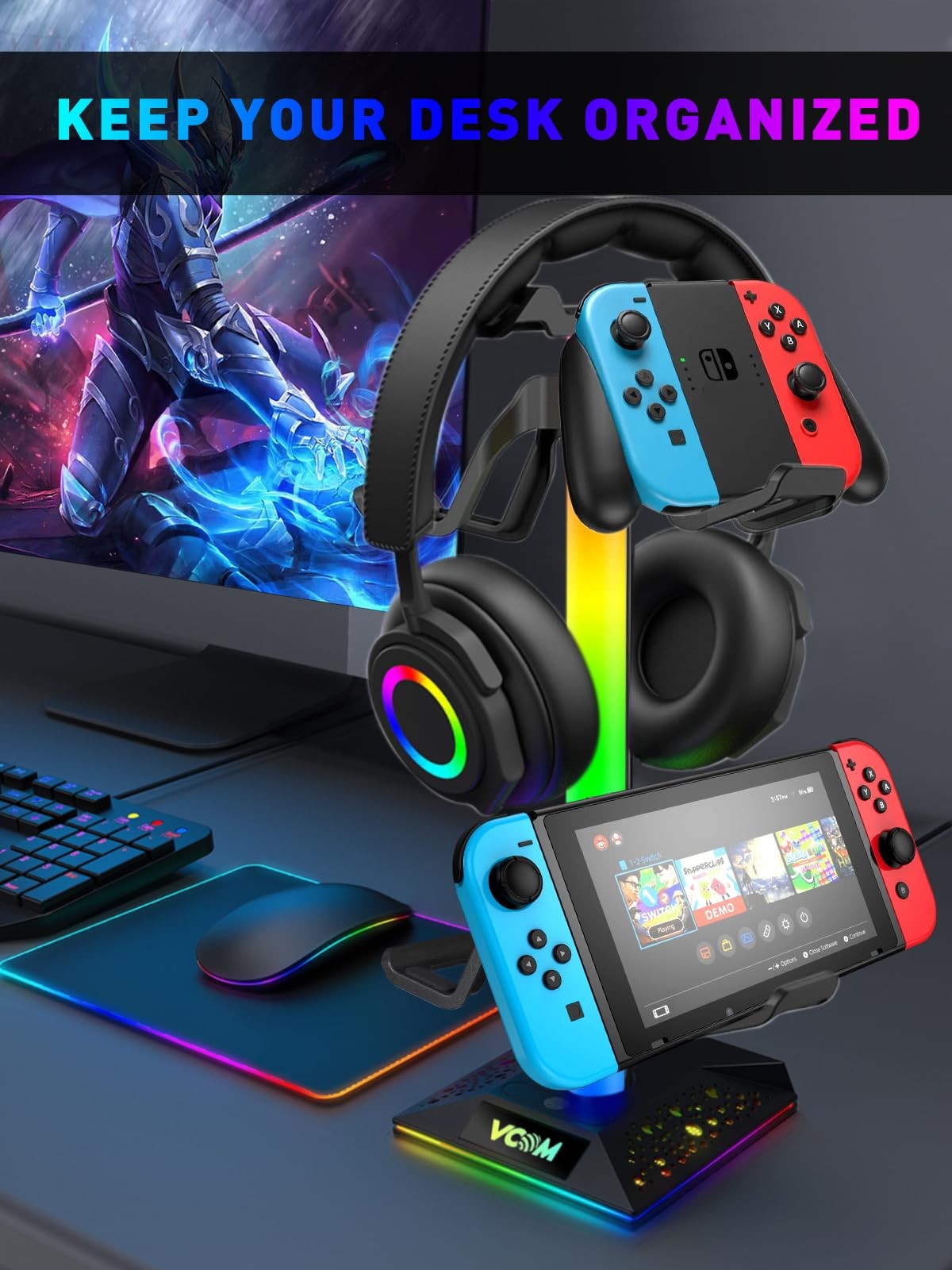 VCOM RGB Headphone Stand, Headphone holder with 2 USB 1 type C ports