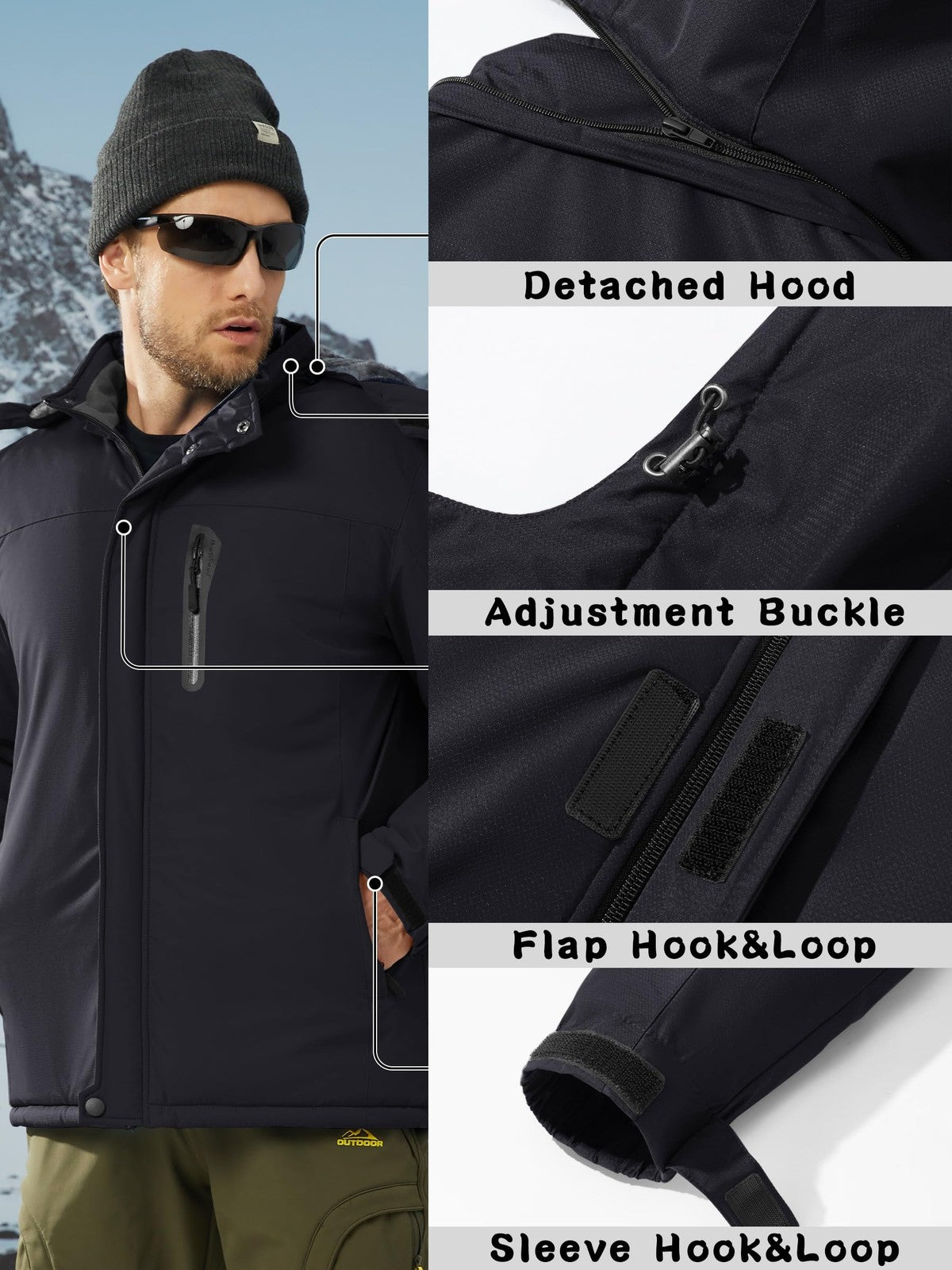Winter Waterproof Jacket with Hood Fleece Ski Jacket – Black L