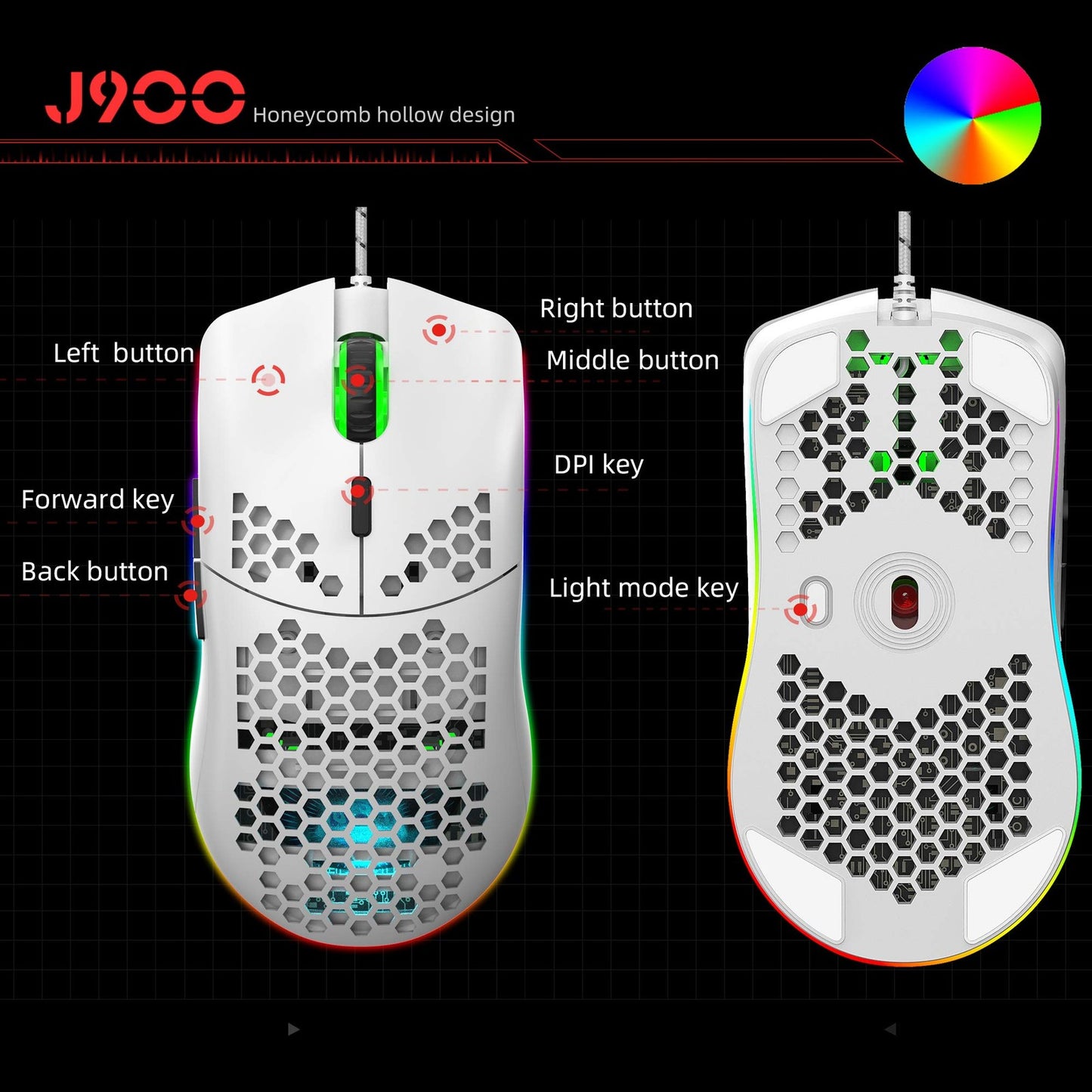 Wired Gaming Mouse, J900 6 RGB Lighting 6400 DPI