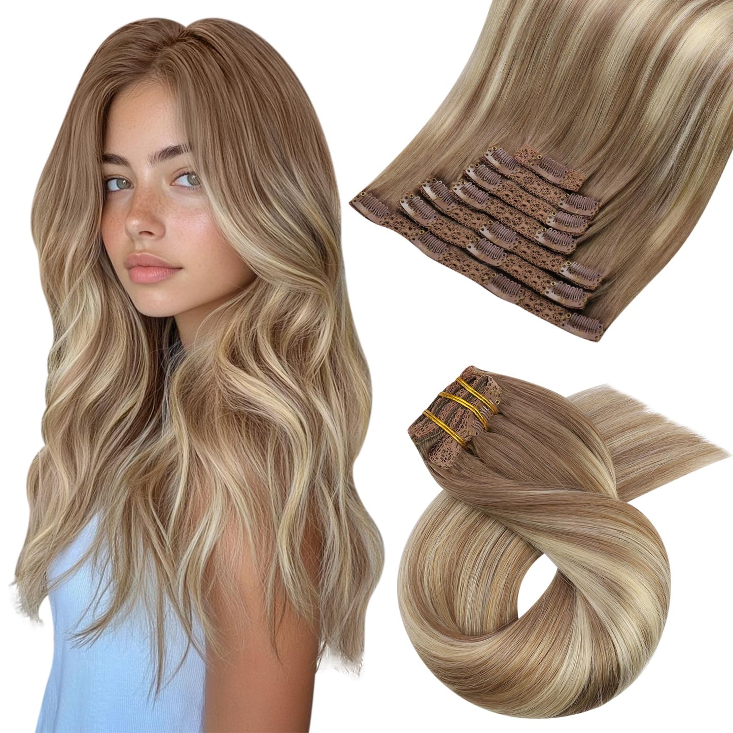 Moresoo Human Hair Extensions Clip in Balayage Brown and Blonde Clip in Hair Extensions Real Hair 18 Inch Double Weft Clip in Extensions 7Pcs/120g #8/22/8