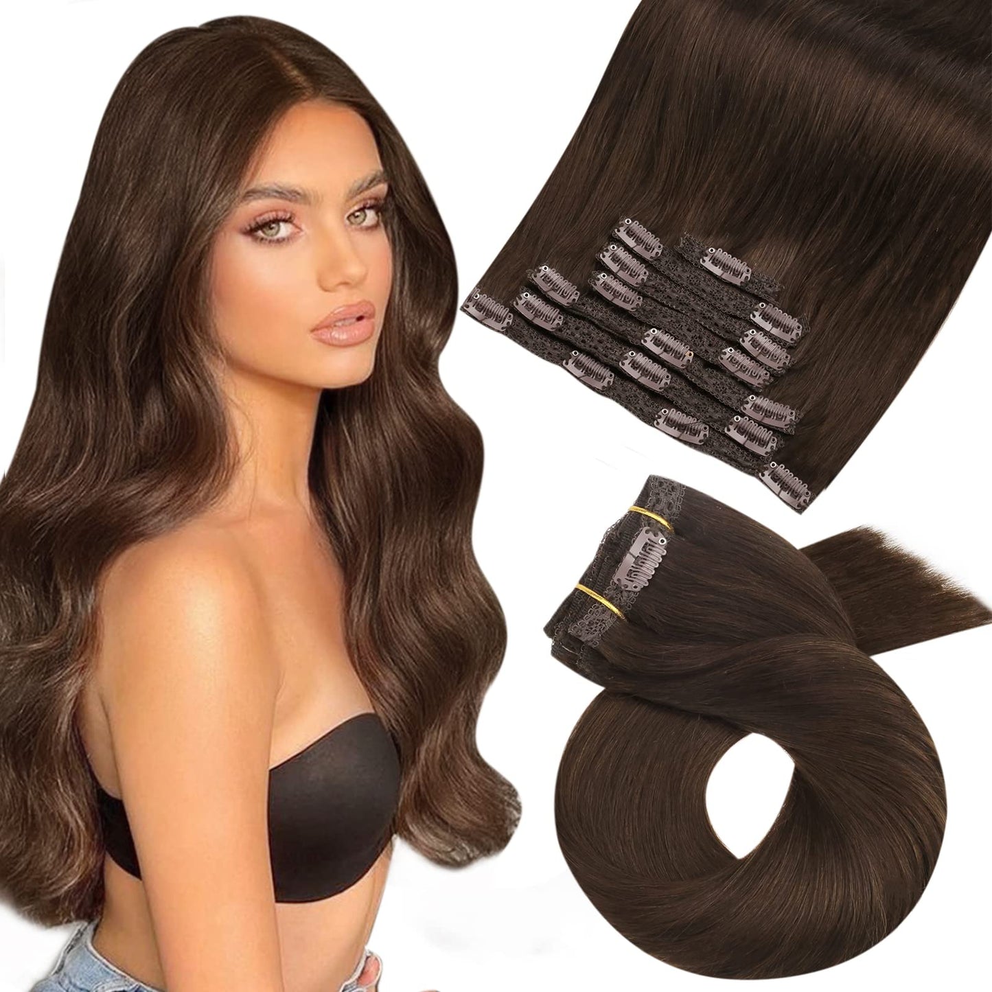 Moresoo Clip in Hair Extensions Real Human Hair Brown Hair Extensions Clip in Dark Brown Remy Human Hair 20 inch 7 Pcs/120G #4