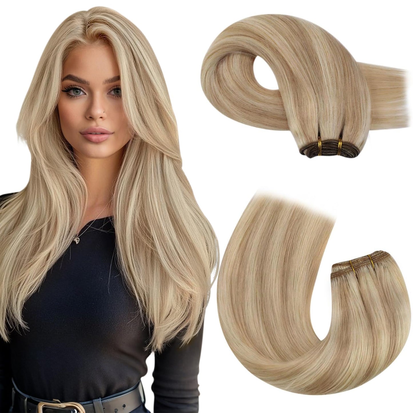 Moresoo Blonde Weft Hair Extensions Double Weft Human Hair Extensions Honey Blonde with Medium Blonde Human Hair Extensions Weft 100g/Pack 18 Inch #P16/22