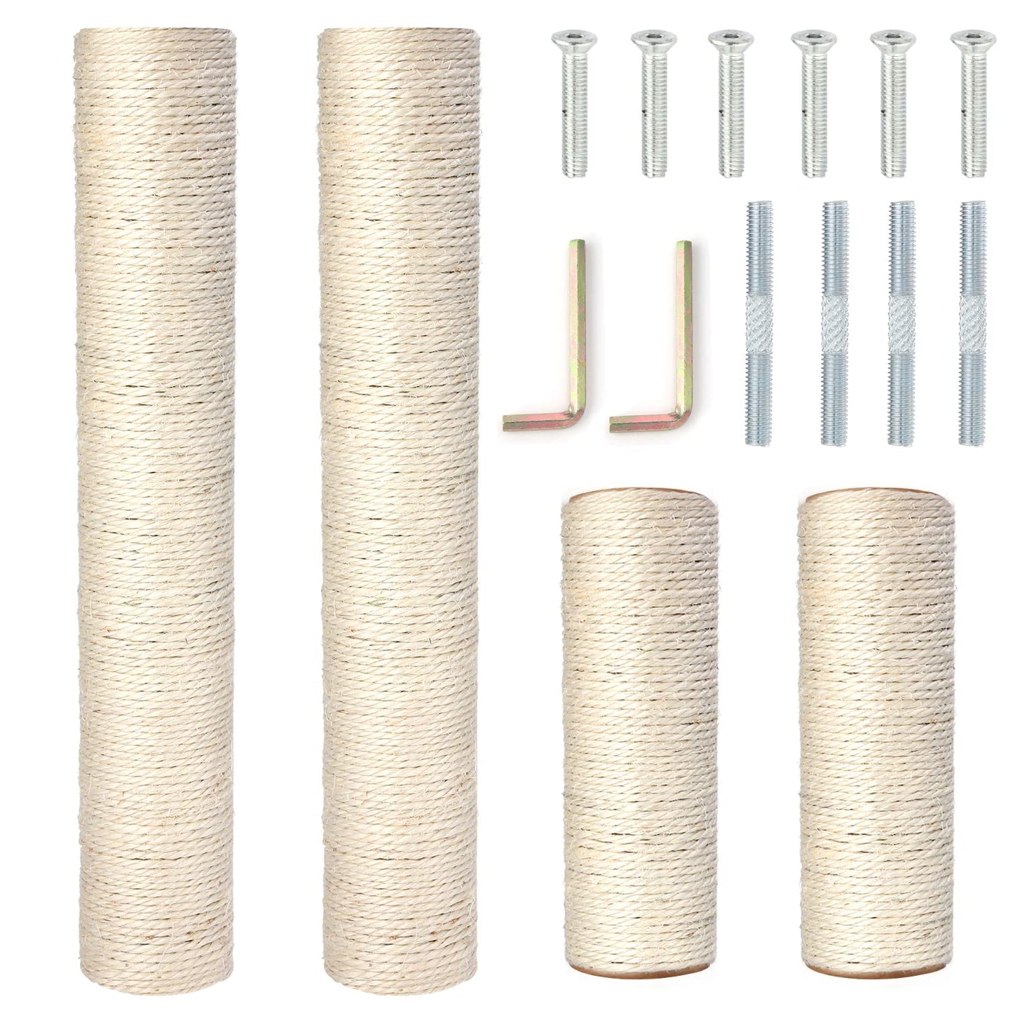 Pinkgarden Natural Sisal Replacement Cat Scratching Post, 4 Pieces M8 Cat Scratch Post Refill Pole Parts for Refurbishment, White, Include Screws (40+40+20+20CM)