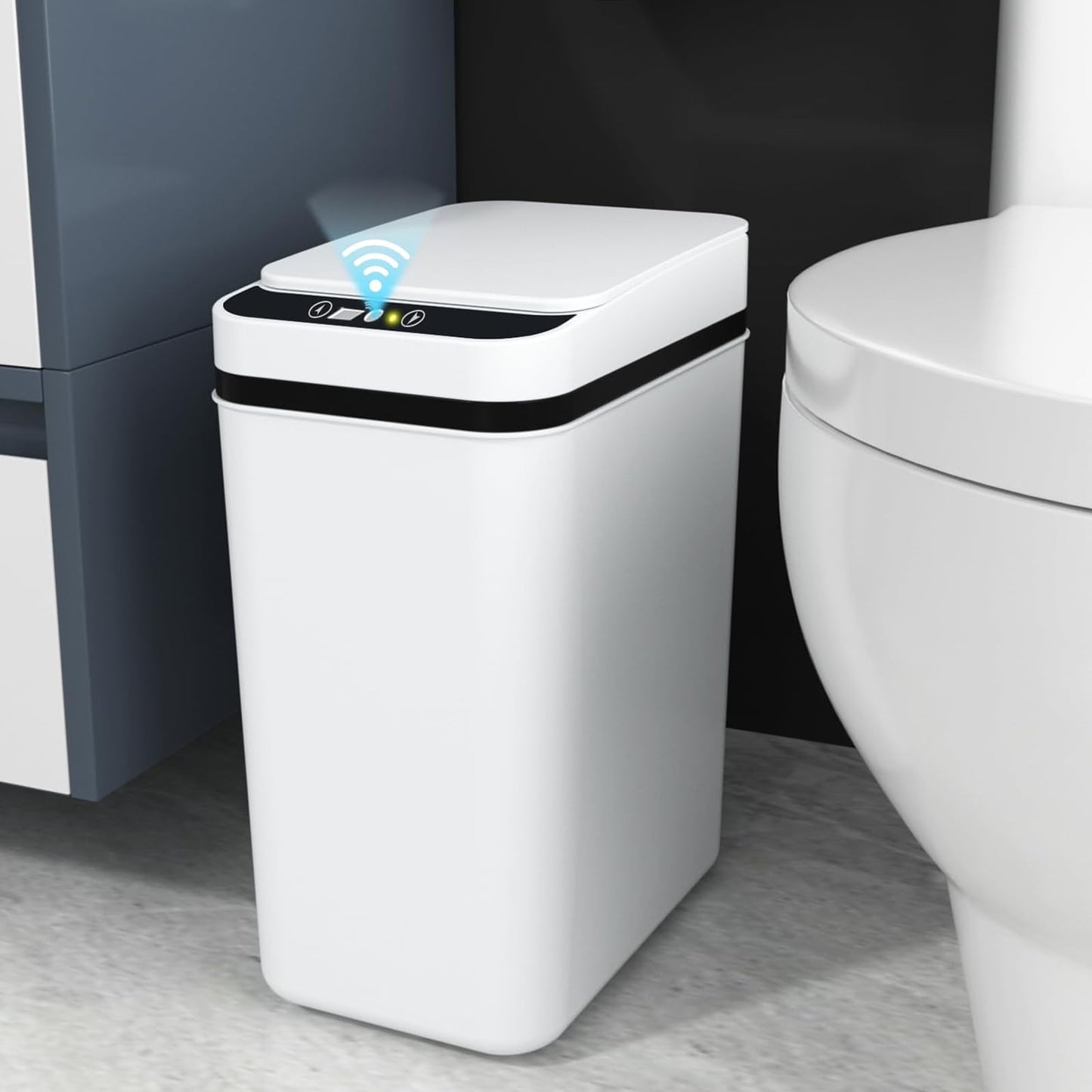Bathroom Bin 12L Sensor Trash Bin with Lid, Automatic Garbage Can, Slim Plastic Smart Touchless Trash Can, Waterproof Intelligent Trash Bin for Bedroom Bathroom Toilet Kitchen Office (Rectangular)