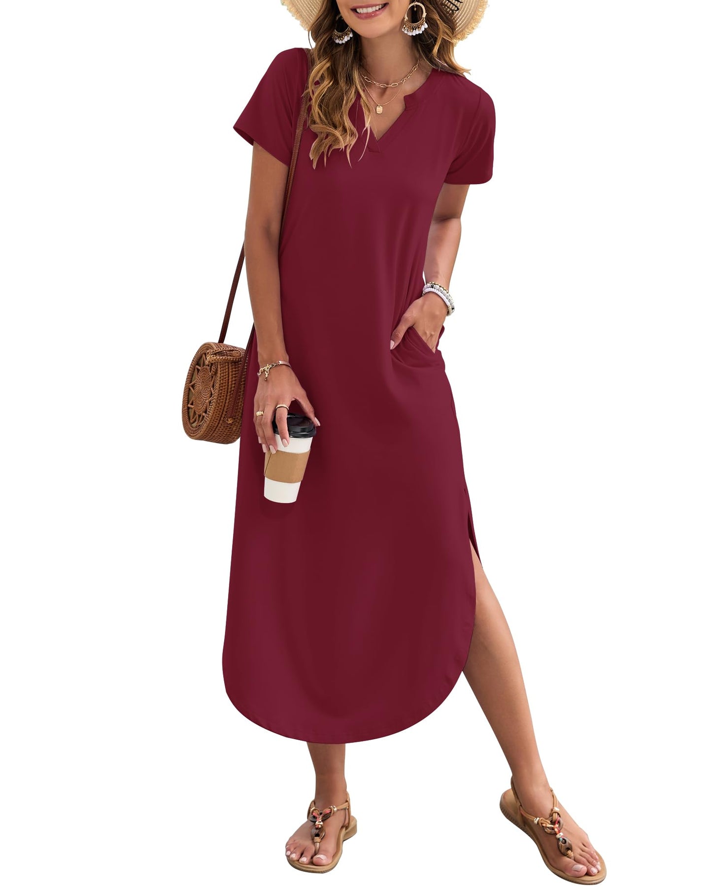 Women's V‑neck Summer Maxi Dress Short Sleeve Split Loose Sundress – Wine Red XL