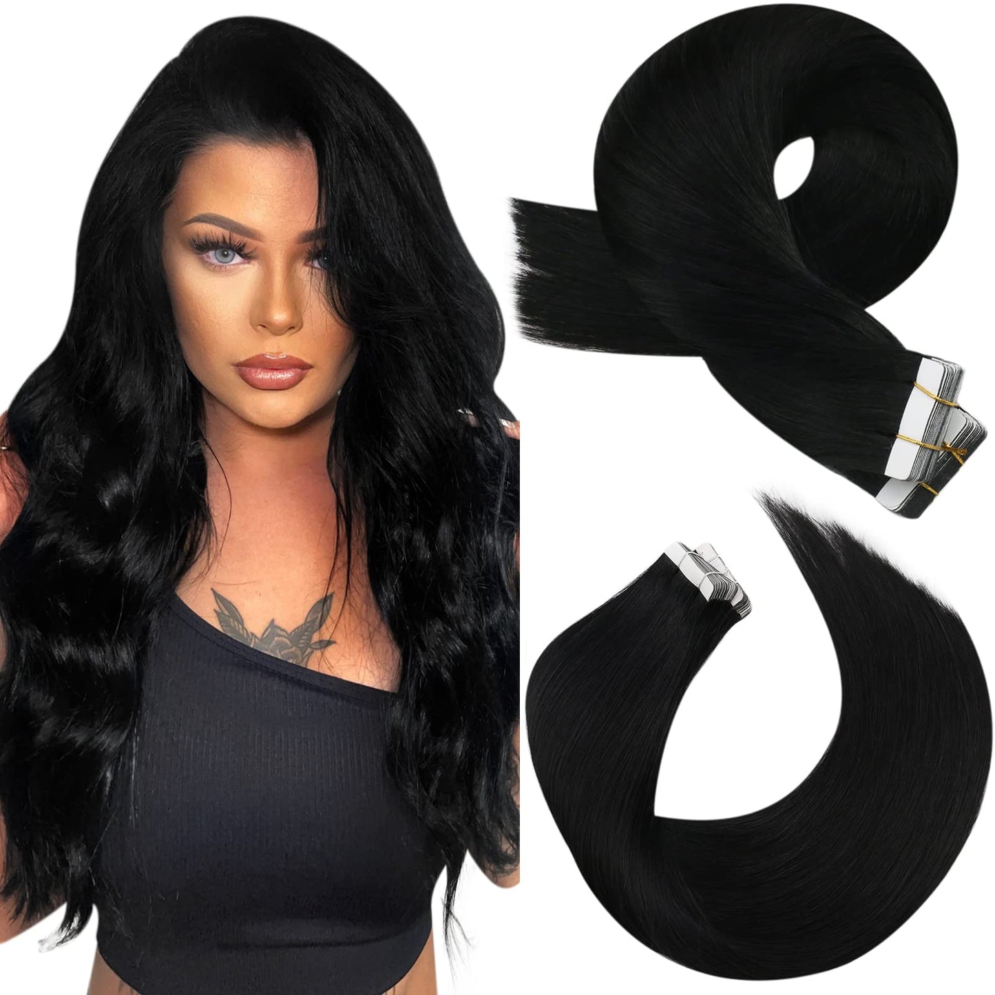 Moresoo Tape in Hair Extensions Black Human Hair Tape in Extensions Jet Black Tape in Human Hair Extensions 24 Inch 20 Pieces/50g #1