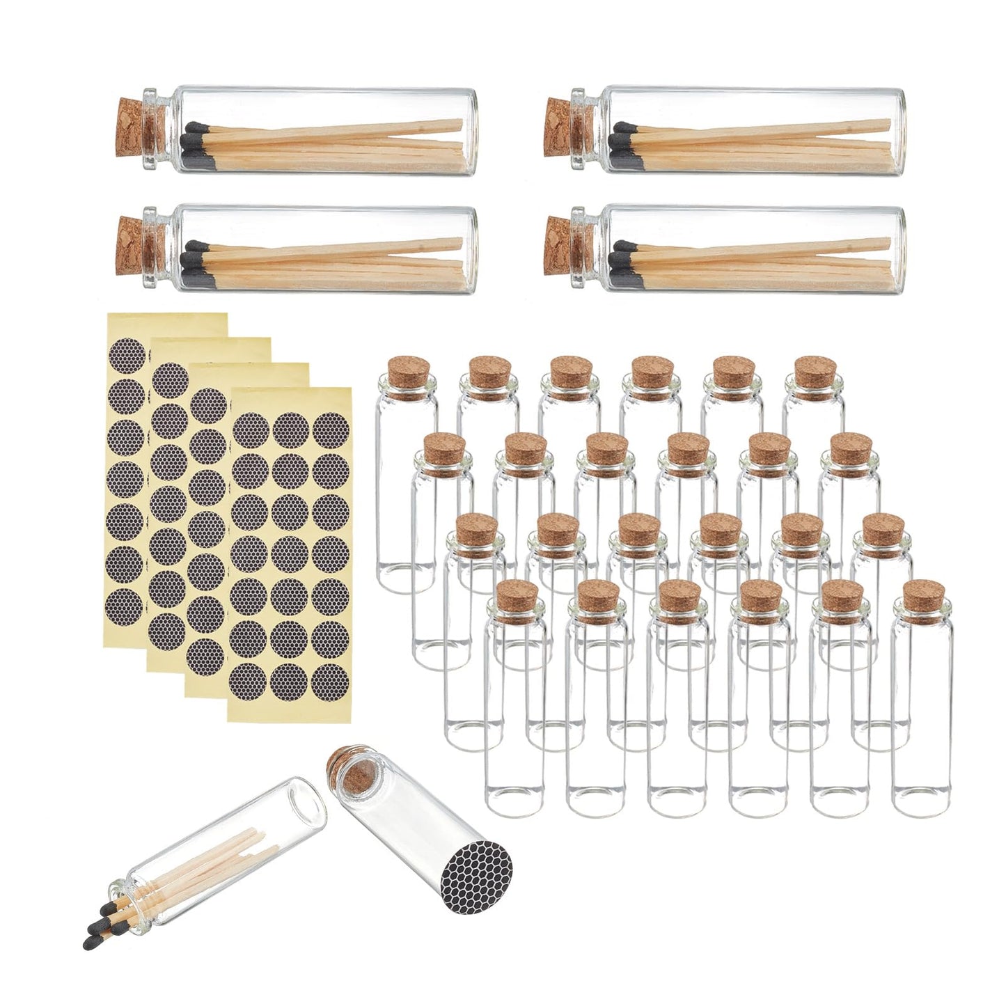 Bulk Empty Match Jars with Cork Tops 24-Pack + 84 Striker Stickers – Clear Glass