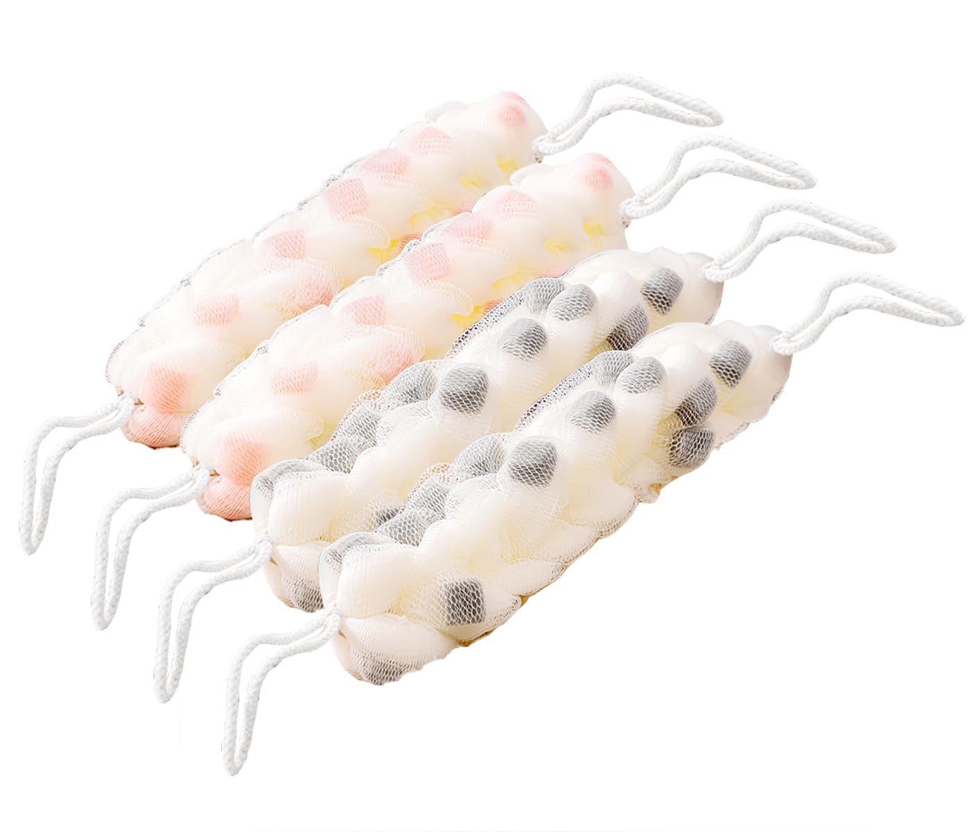 Long Back Scrubber 4-Pack Exfoliating Loofah with Handles Bath Body Sponge – Grey & Pink