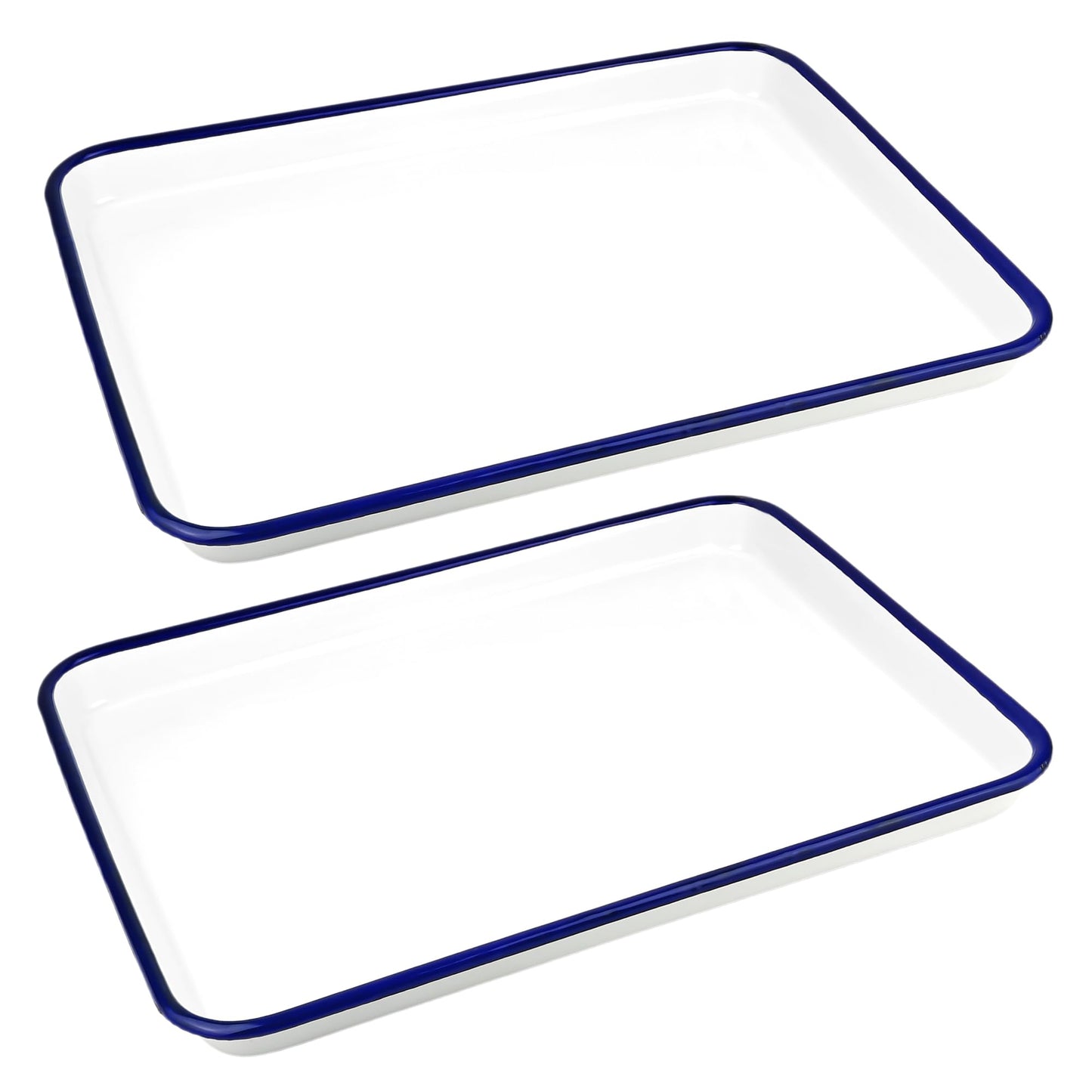 Enamel Baking Tray Set 2 Pack Rectangular Bake Pan 38x28cm – White with Blue Rim
