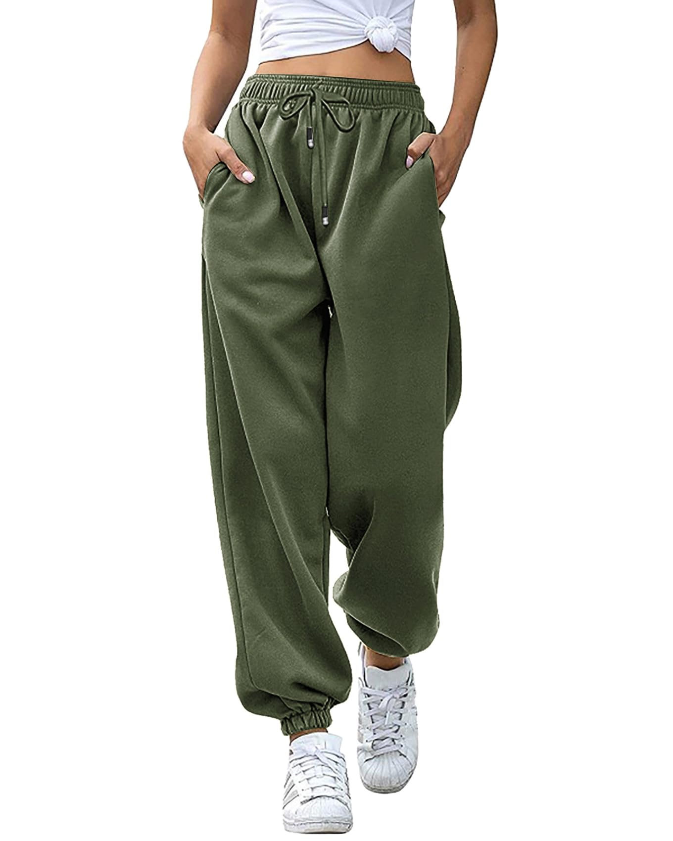 Women's Joggers Sweatpants Elastic Waist Drawstring Pockets Lounge Sport – Army Green L