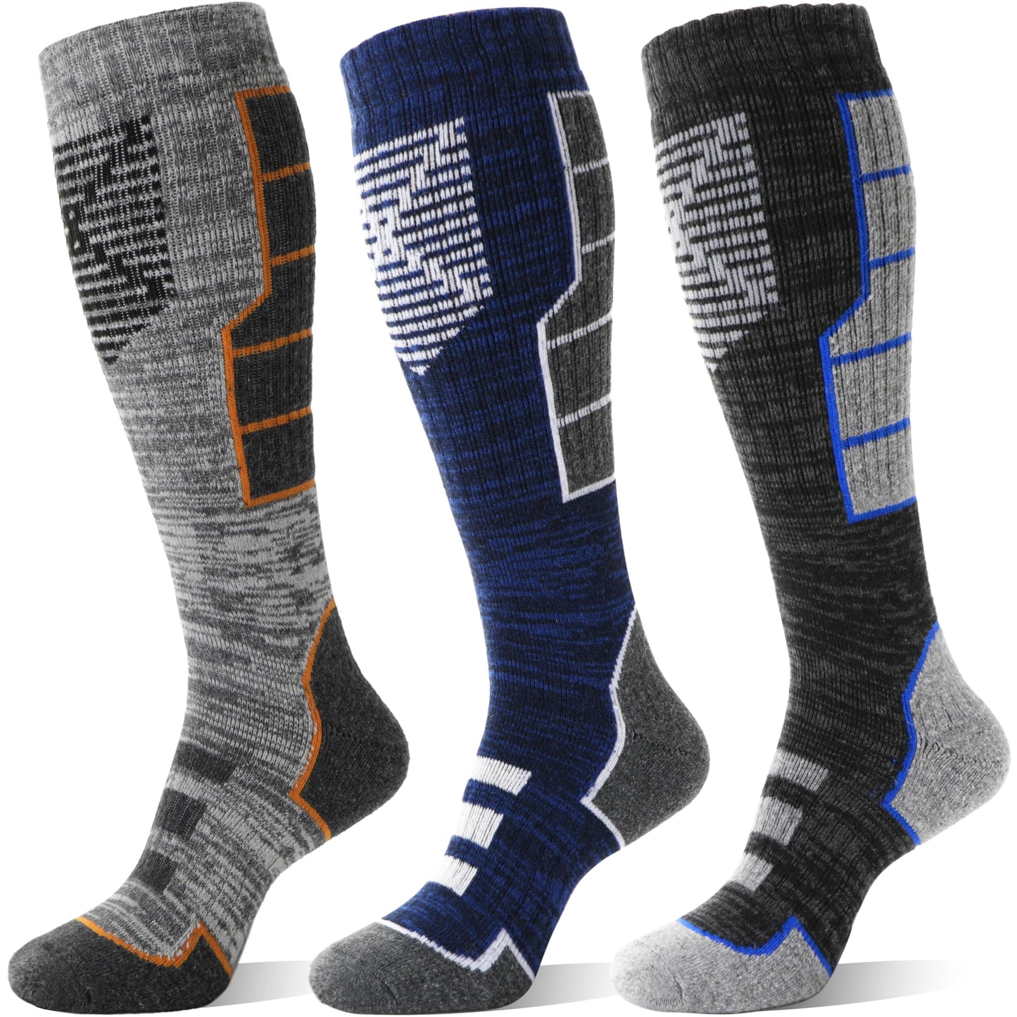 Unisex Merino Wool Ski Socks Thermal Knee High 3 Pairs – Blue/Grey UK 3-7