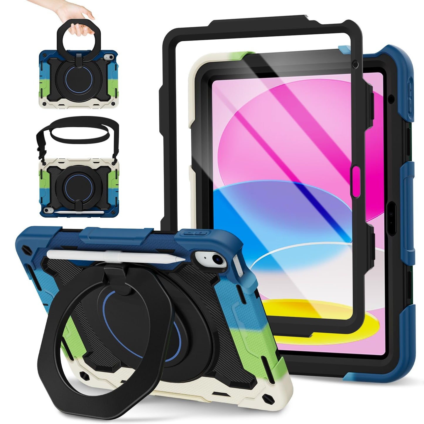 ROISKIN Case for iPad 11th/10th Generation 2025/2022 A16 (11/10.9 Inch) with HD Screen Protector, Shoulder Strap,Heavy Duty Shockproof for iPad 11 Case Kids,Pencil Holder/Rotating Stand,Black-Blue