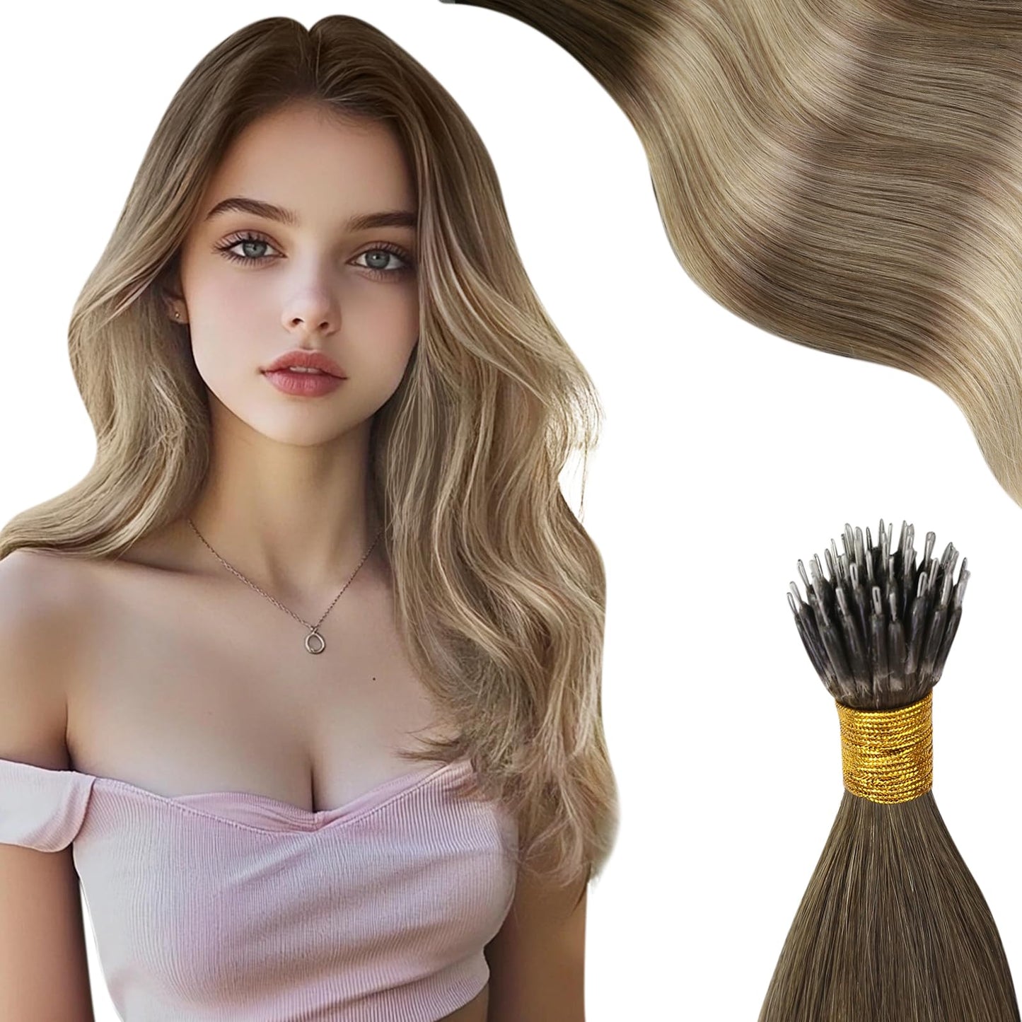 Moresoo Ombre Nano Hair Extensions Real Human Hair Dark Brown to Chestnut Brown with Medium Blonde Nano Beads Hair Extensions 20 Inch Balayage Nano Ring Hair Extensions 1g/s 50g/Pack #3/8/22