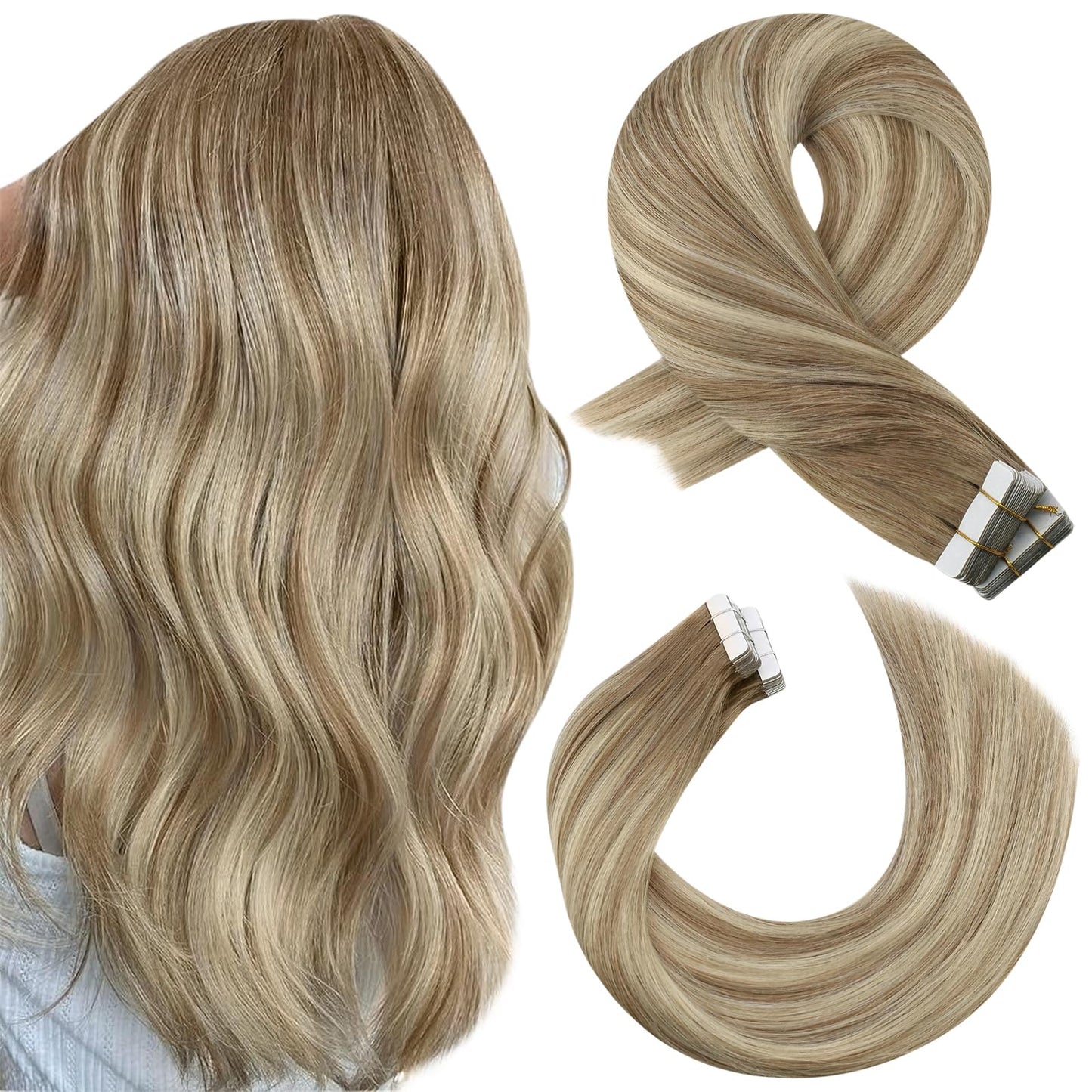 Moresoo Tape in Hair Extensions Human Hair Light Brown with Platinum Blonde Hair Extensions Tape in Real Human Hair Extensions 22inch 20 Pieces/50G #8/22/8