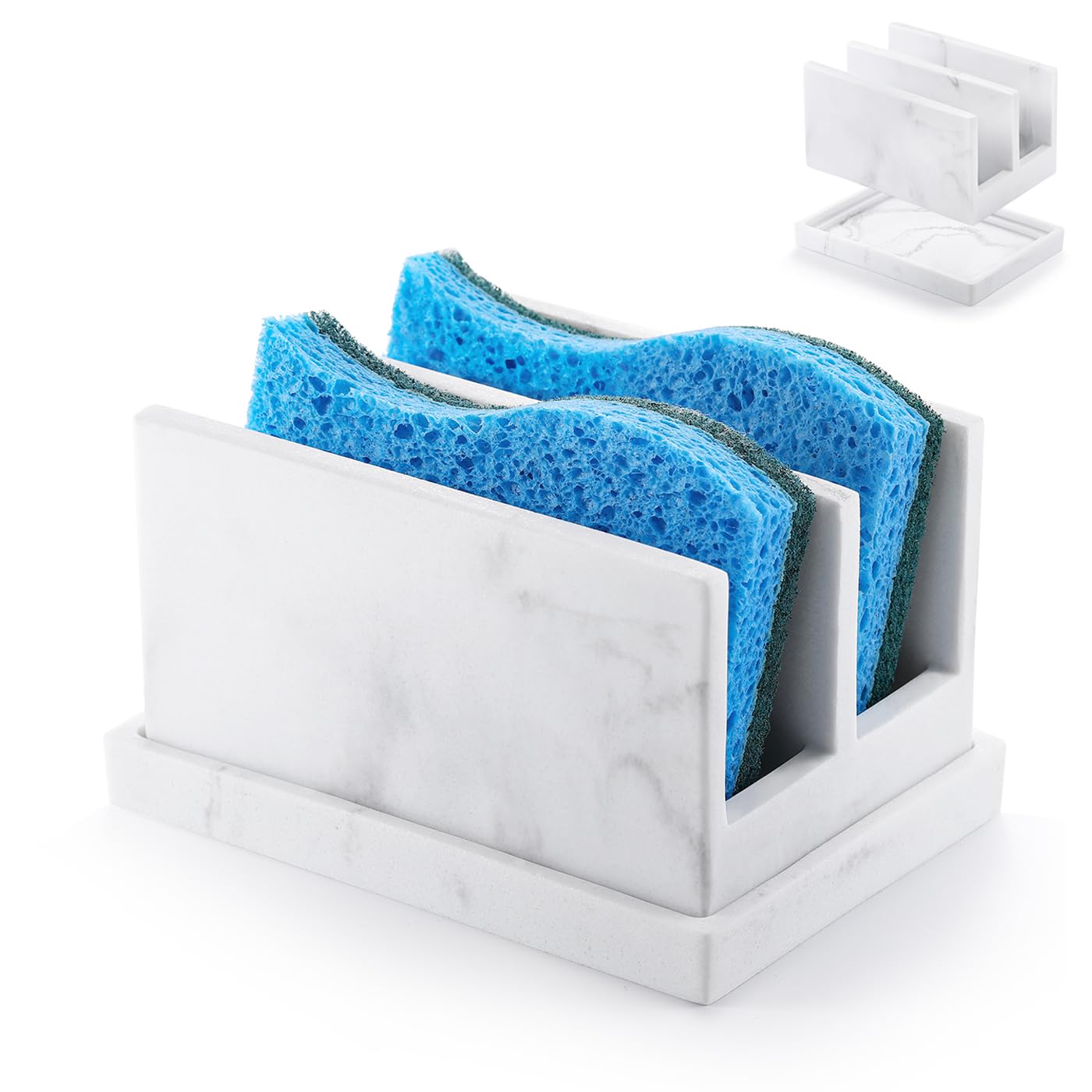 Luxspire Kitchen Sponge Holder for Sink, Resin Dish Sponge Holder with 2 Compartments, Sponge Caddy for Kitchen Sink Counter, Sponge Holder with Drain Tray, Gravel White