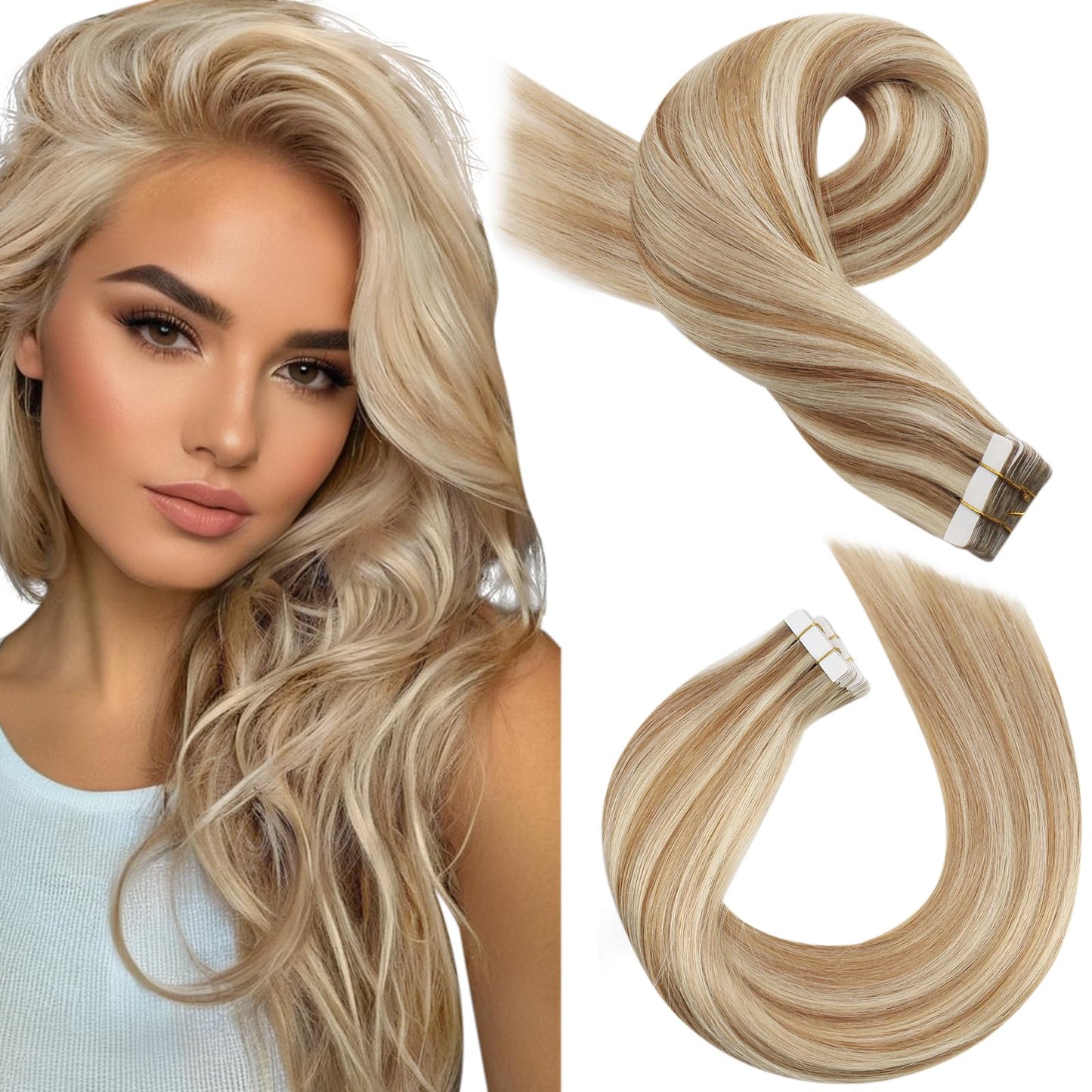 Moresoo Human Hair Extension Tape in Real Hair Extensions Medium Brown with Platinum Blonde Tape in Hair Extensions Invisible 24 inch 20 Pieces/50G #P6/60