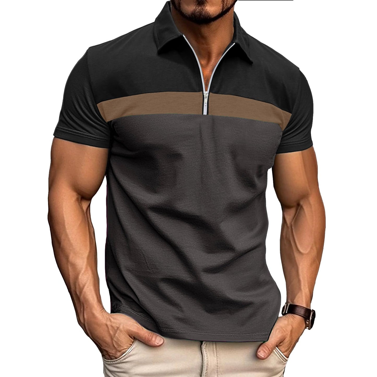 Men’s 1/4 Zip Raglan Polo Short Sleeve Regular Fit – Black/Grey L