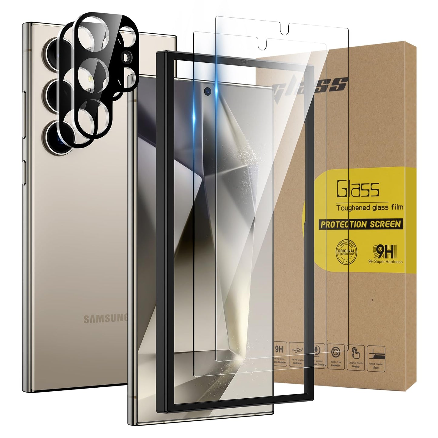 Screen Protector 9H Tempered Glass + Camera Lens Protector for Samsung Galaxy S24 Ultra Easy Install – 2+2 pack