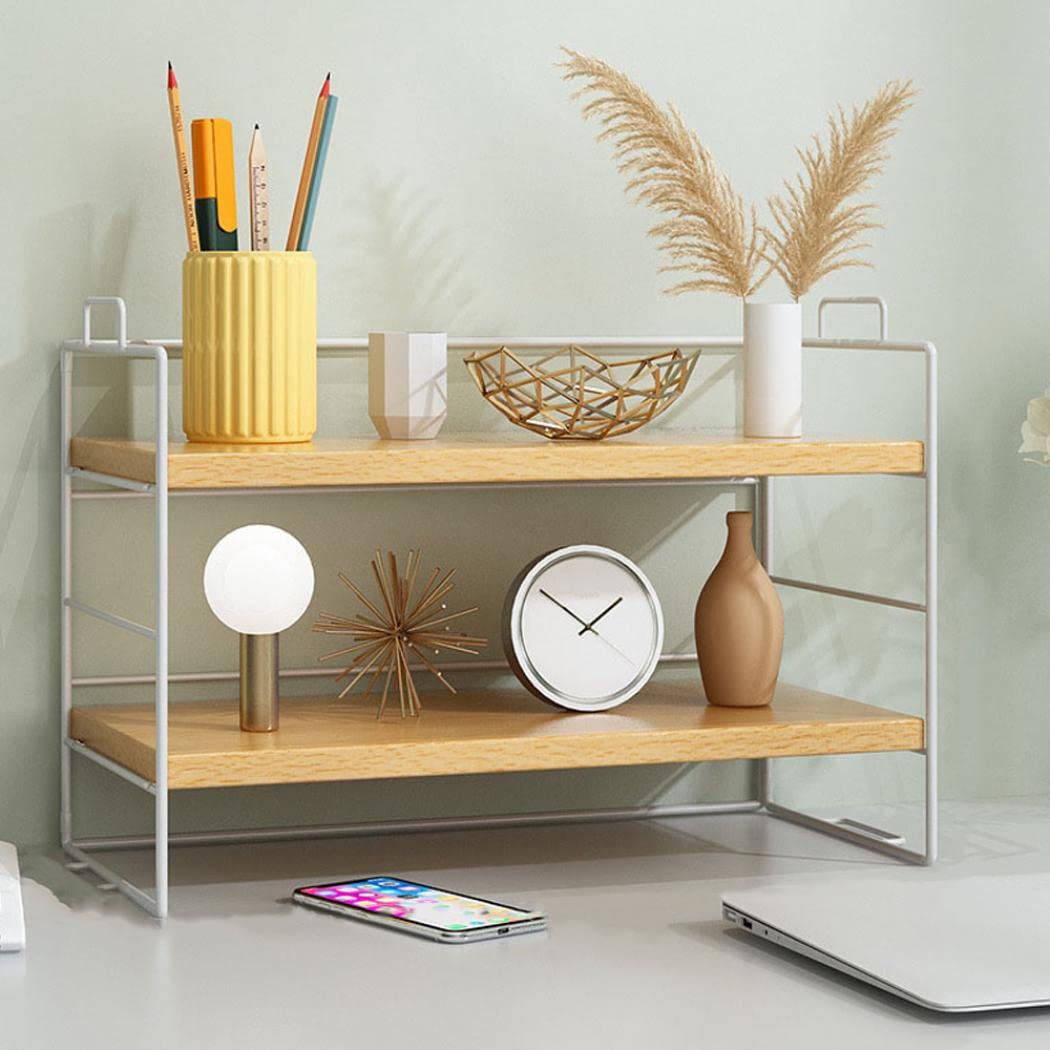 Desktop Shelf Organizer Small Adjustable Wooden Desk Shelf with White Frame – Wood White