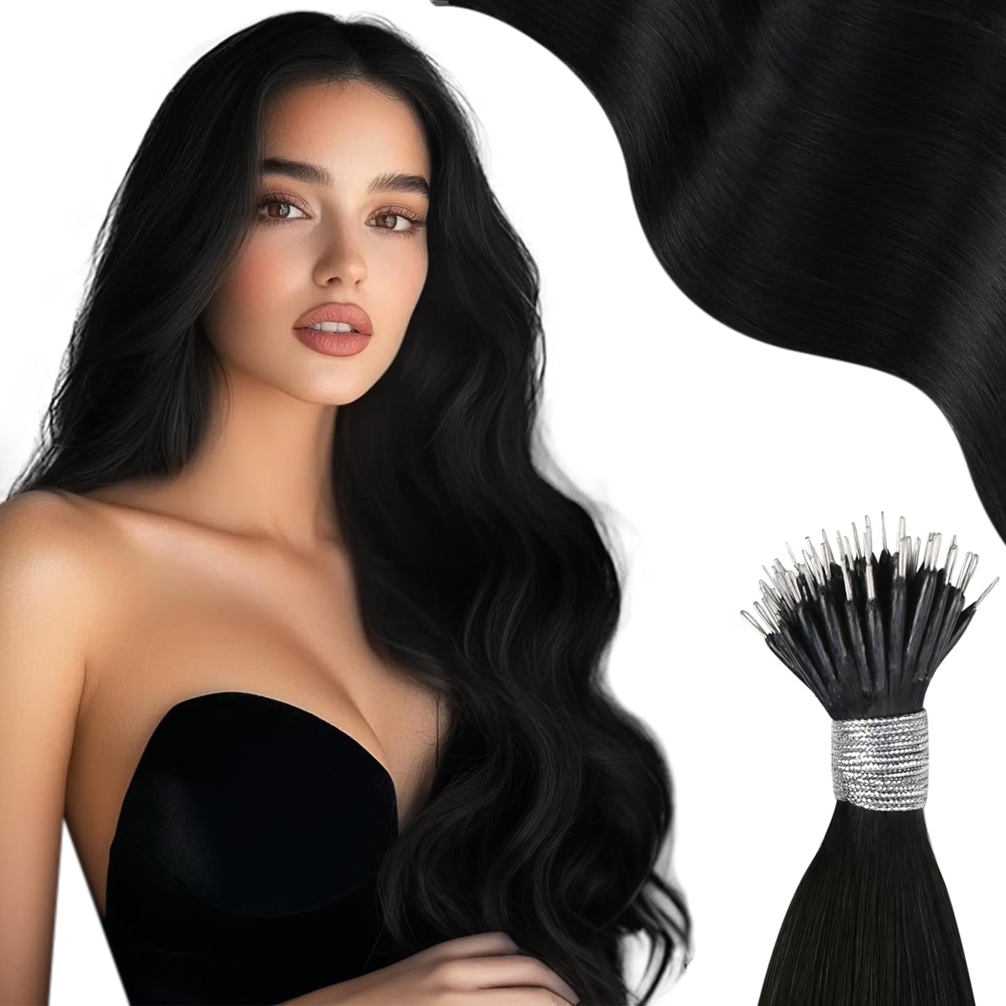 Moresoo Nano Hair Extensions Real Human Hair Black Nano Beads Hair Extensions 14 Inch Jet Black Nano Ring Hair Extensions 1g/s 50g/Pack #1