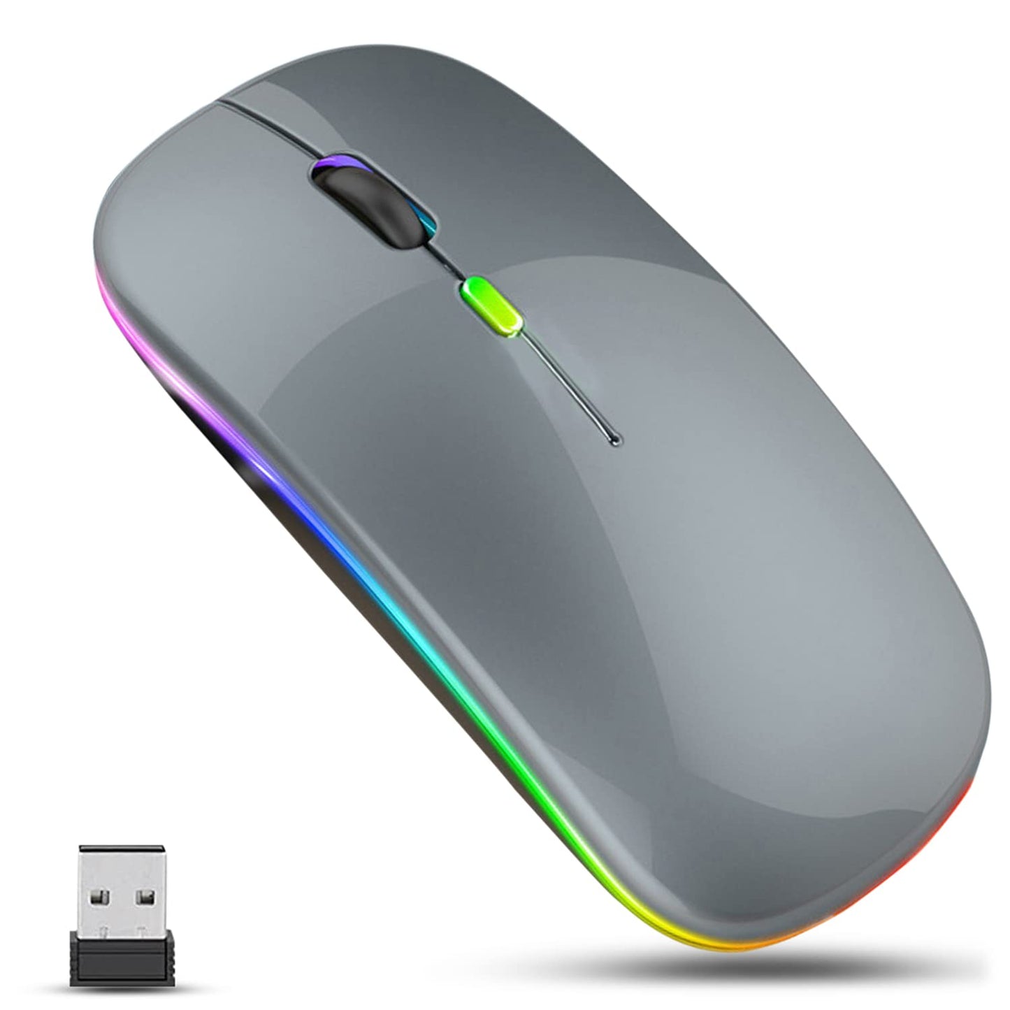 GLOBAL TECH LED Wireless Mouse, Slim Rechargeable Wireless Silent Mouse, 2.4G Portable USB Optical Wireless Cordless Mice with USB Receiver for Laptop, PC, Computer, Mac (Dark Grey)