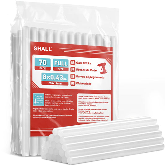 SHALL Full Size Hot Glue Sticks, 0.43” Dia x 8” Long(11mm x 200 mm)70-Pack Clear Hot Melt Glue Gun Sticks for All-Temp Glue Guns, Multipurpose DIY Art, Craft Sealing, Restoration, Holiday Decorationn