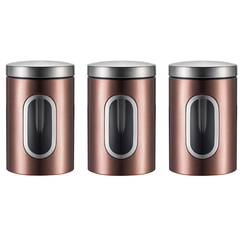 Simcat Tea Coffee Sugar Jar 1500ml Kitchen Canister Set of 3 with Viewing Window, 3Pcs Stainless Steel Storage Jars, Airtight Dried Food Storage Container (Brown)