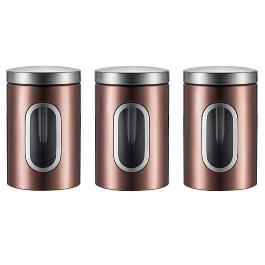 Simcat Tea Coffee Sugar Jar 1500ml Kitchen Canister Set of 3 with Viewing Window, 3Pcs Stainless Steel Storage Jars, Airtight Dried Food Storage Container (Brown)
