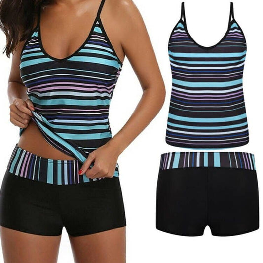 Women’s Two Piece Swimwear Gradient Color Tankini Set Top with Shorts Low Waist Sporty Swimsuit Bikini (UK, Numeric, 10, Regular, Regular, Blue+Black)