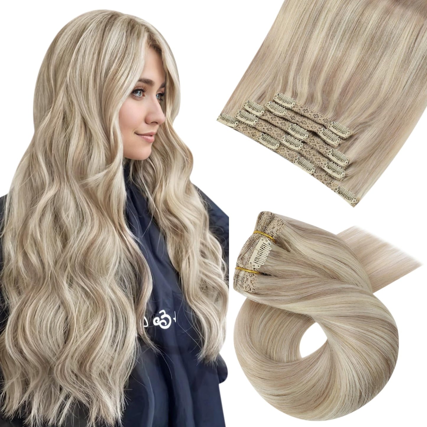 Moresoo Blonde Clip in Hair Extensions Real Haman Hair Full Head Hair Extensions Clip in Ash Blonde Highlights Bleach Blonde Clip in Extensions 18 Inch 120g/7pcs