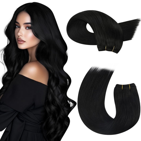 Moresoo Weft Hair Extensions Black Sew in Human Hair Extensions 22 Inch Jet Black Double Weft Hair Extensions Real Human Hair 100g/Pack #1