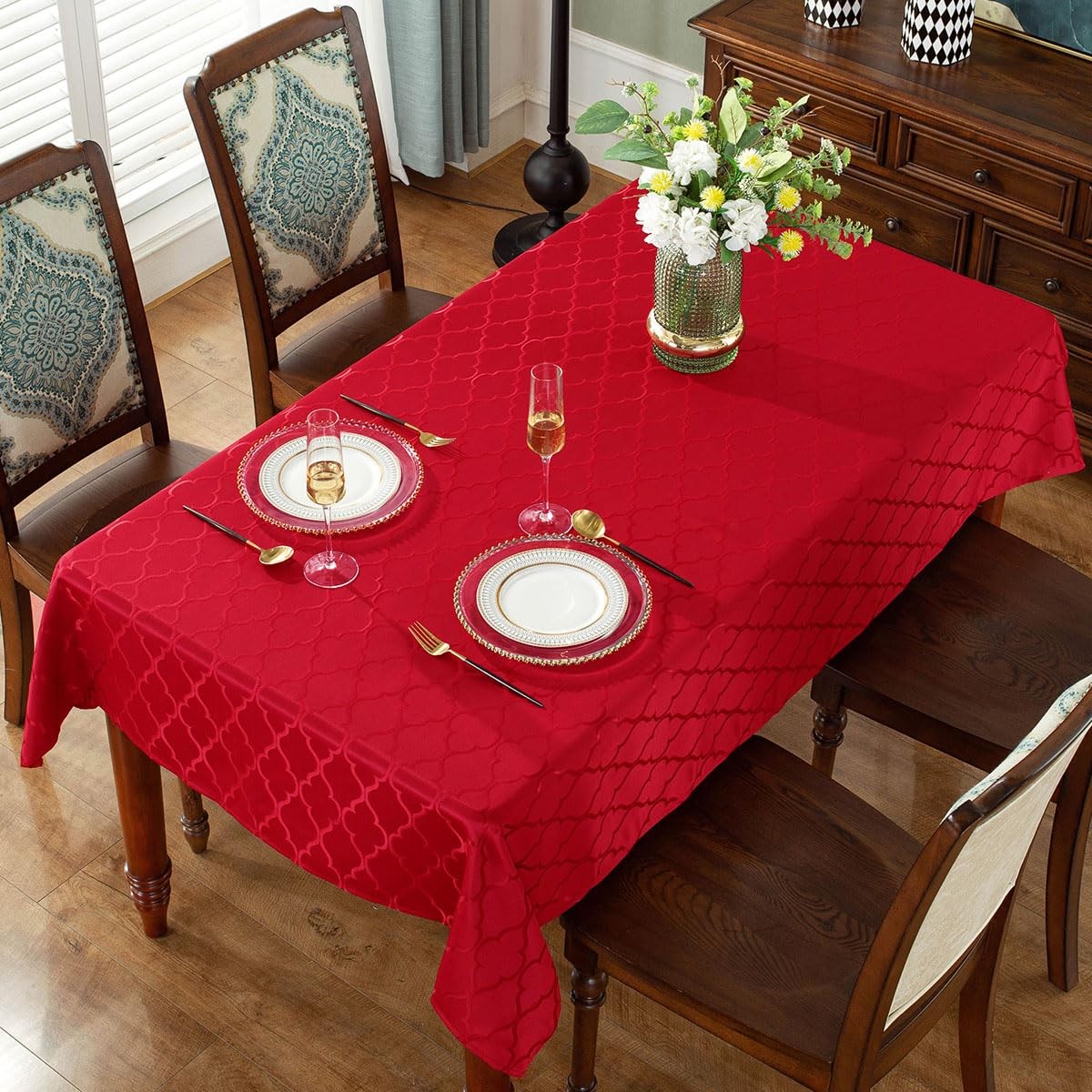 Red Tablecloth Flower Jacquard Table Cloth Spill Proof Dust-Proof Wrinkle
