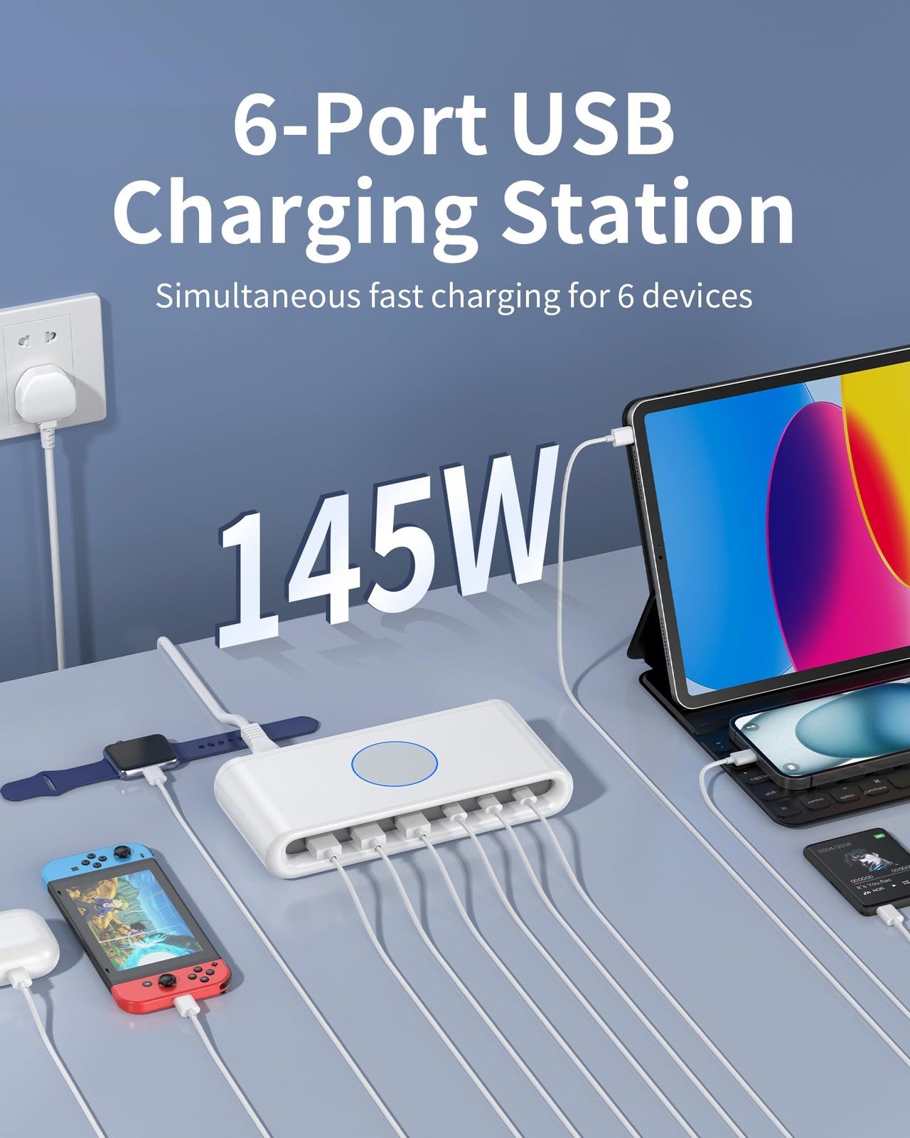 LEENFAER 100W Charging Station,PD 65W Fast Laptop Charger USB C 6-Port