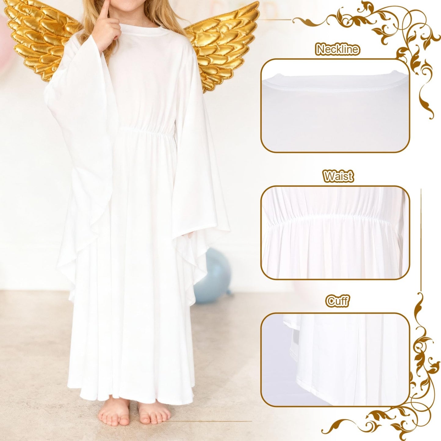 Angel Costume White Dress with Headband & Gold Wings Child M – White M