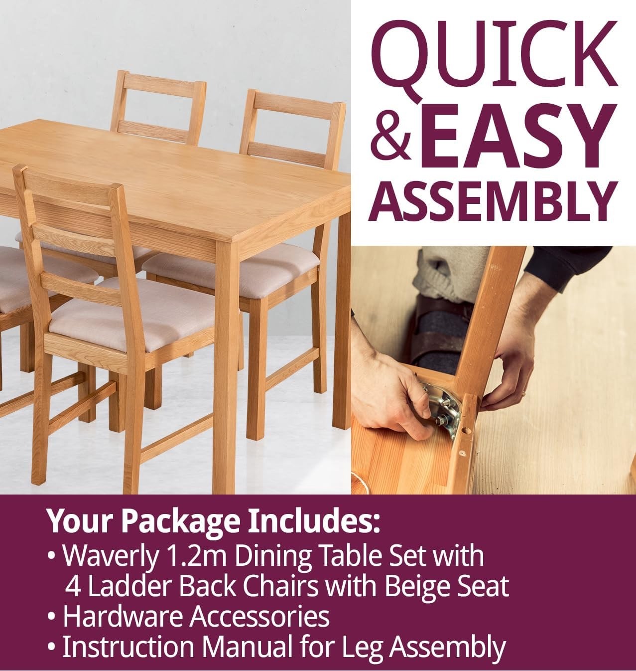 Oak Small Dining Table and Chairs Set 4, Rectangular