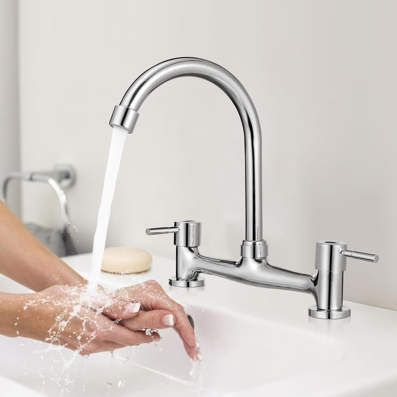 Dual Lever Gooseneck Mixer Tap Faucet for Kitchen Bathroom hot and cold