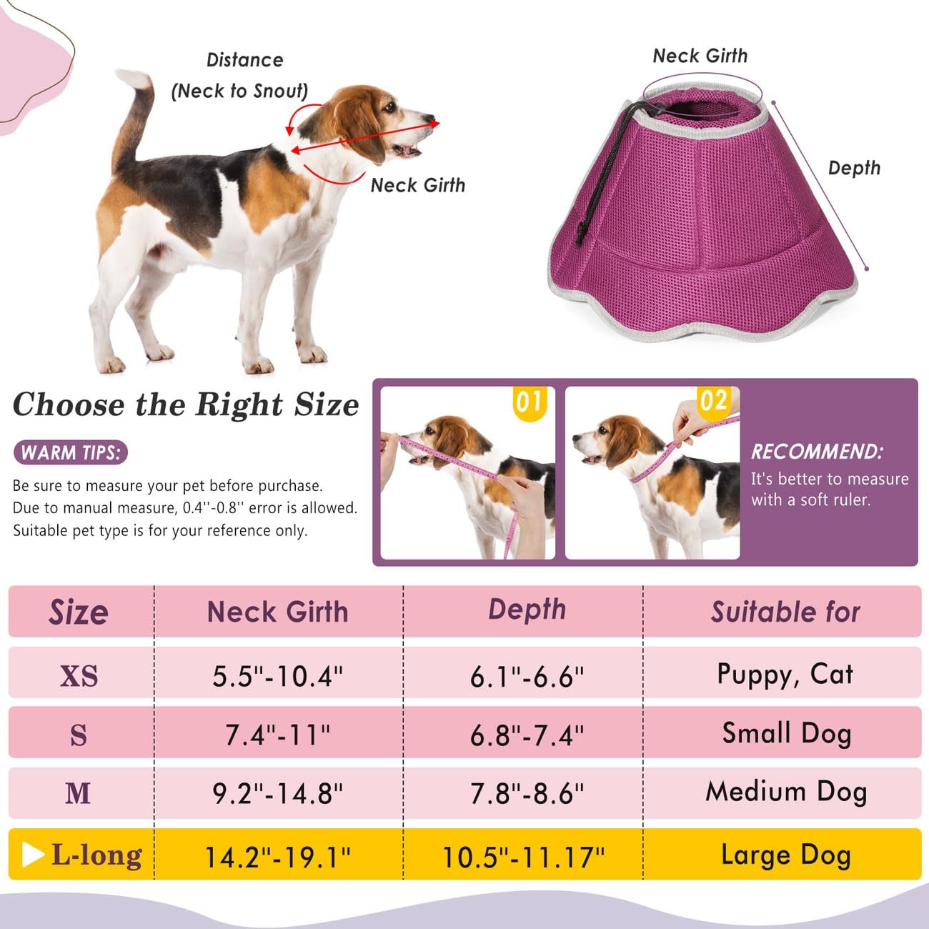 Dog Recovery Collar E-Collar Breathable Surgery Protective Cone – Magenta L