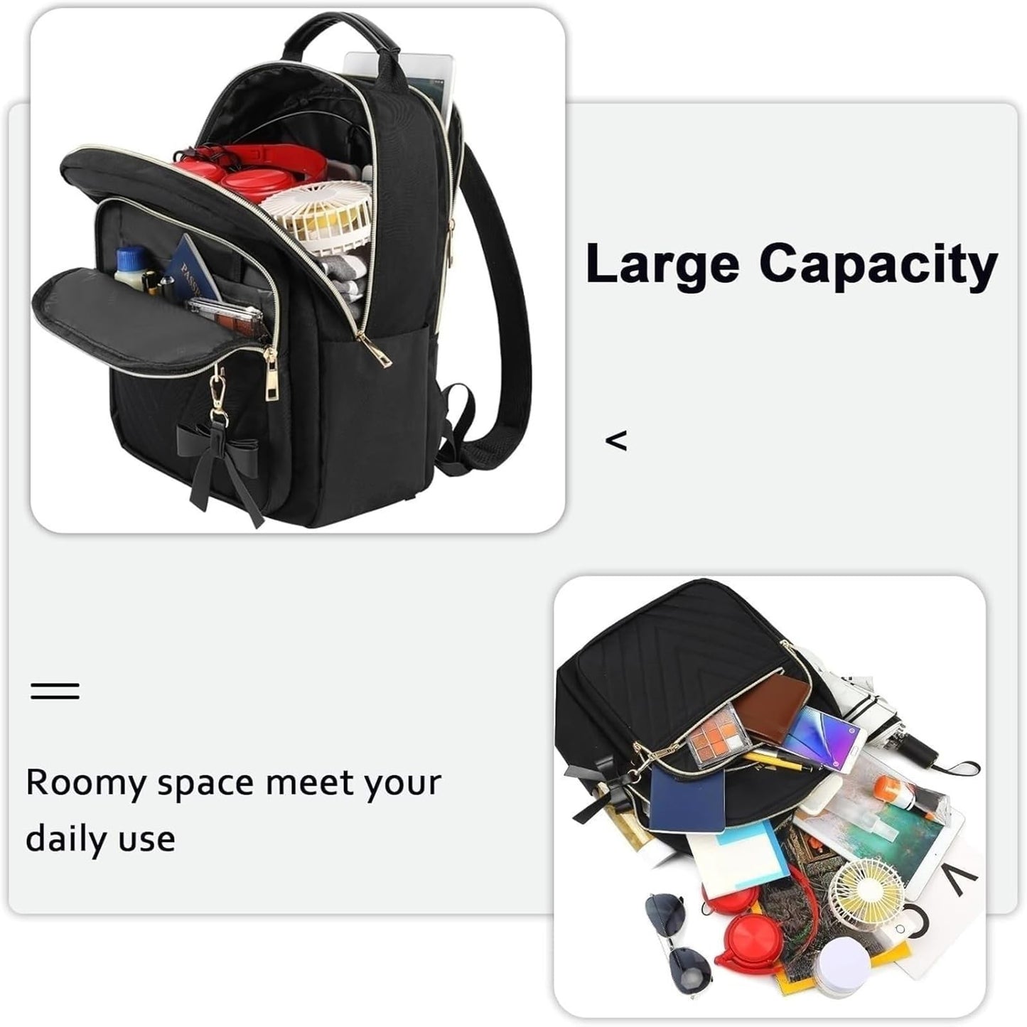 Women’s Small Backpack Lightweight with USB Charging Port – Black 2pcs Set