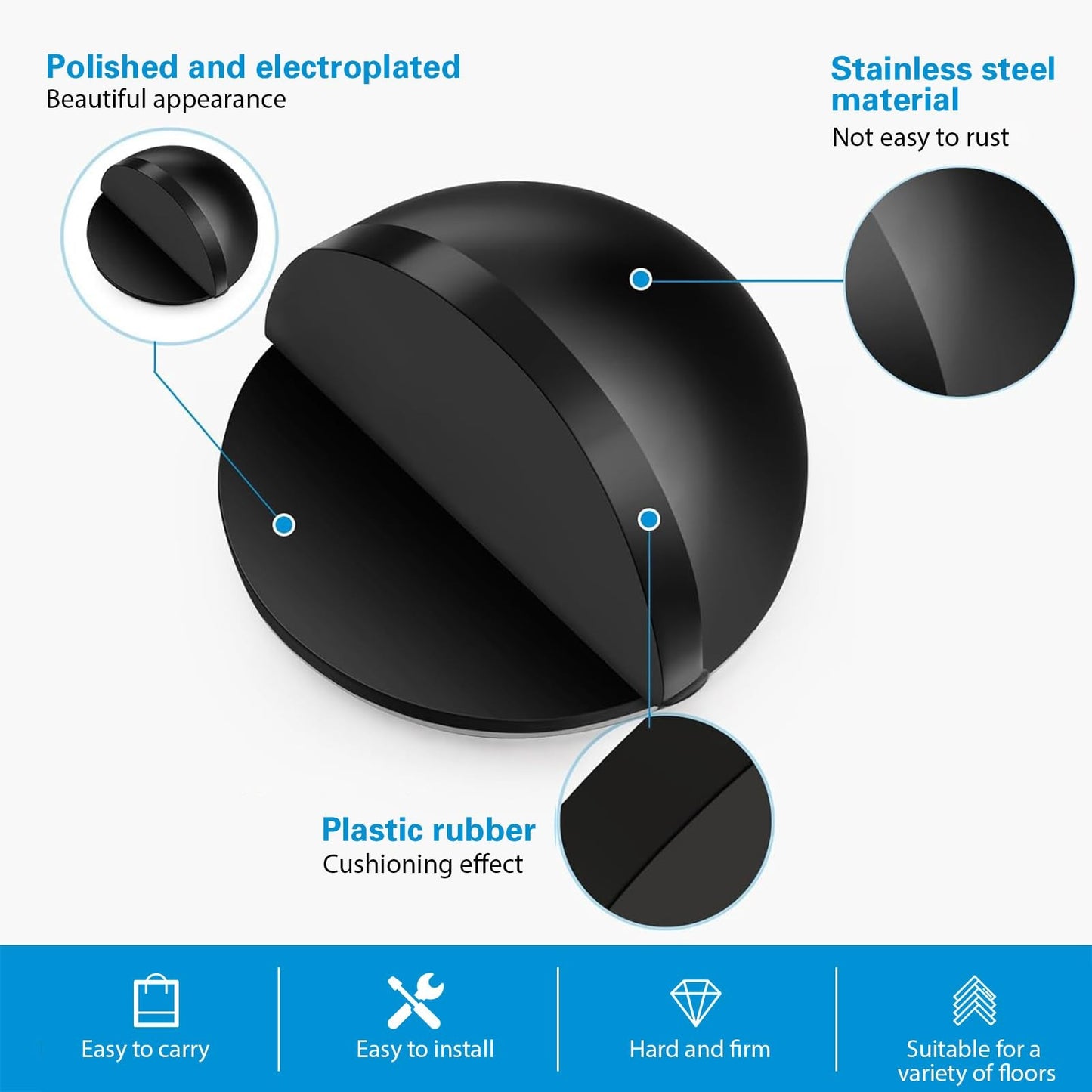 Hotop Self-Adhesive Floor Doorstop – Oval Stainless Steel Wall