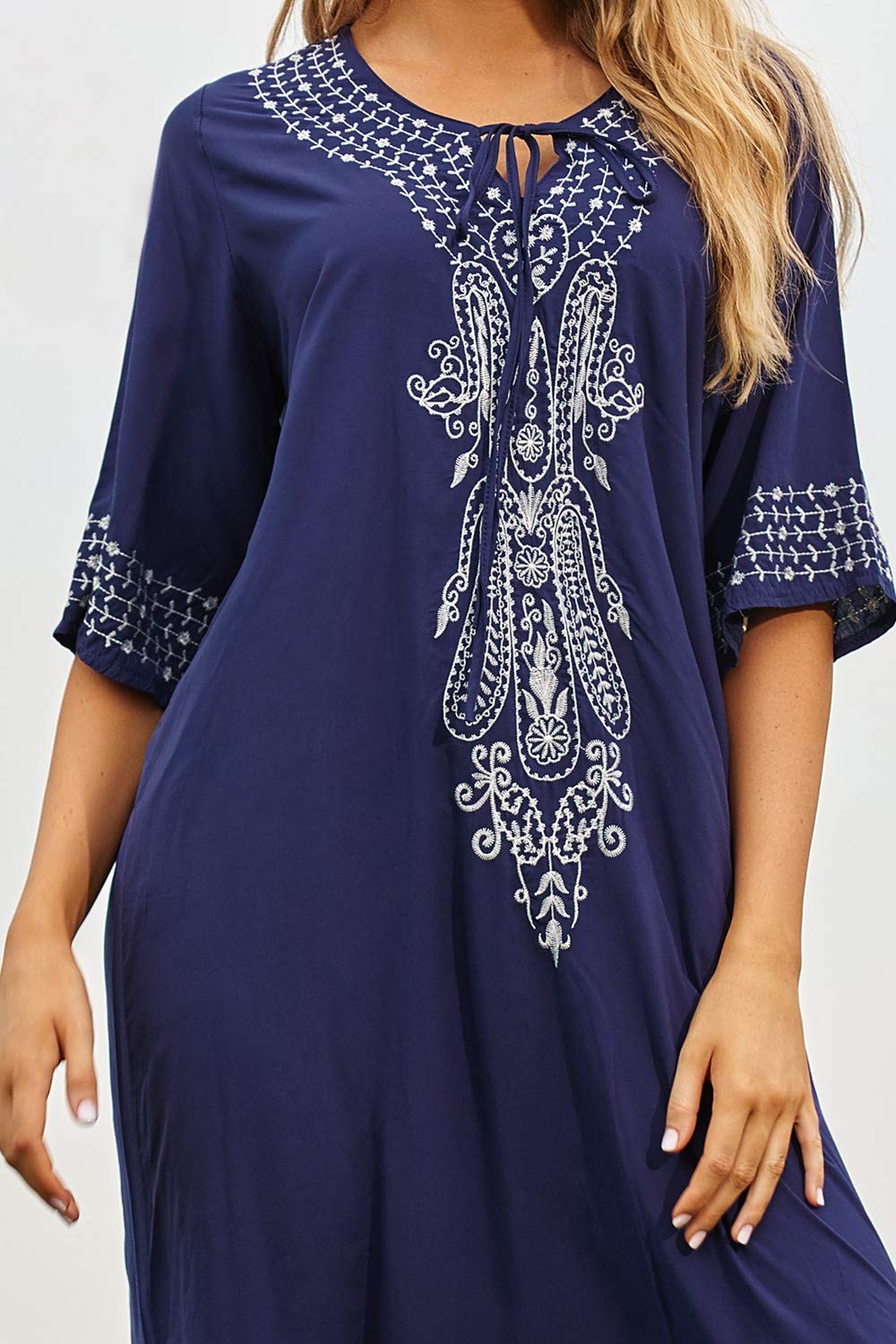 Summer Embroidered Floral Loose Caftan Beach Cover Up Dress – Plus Size