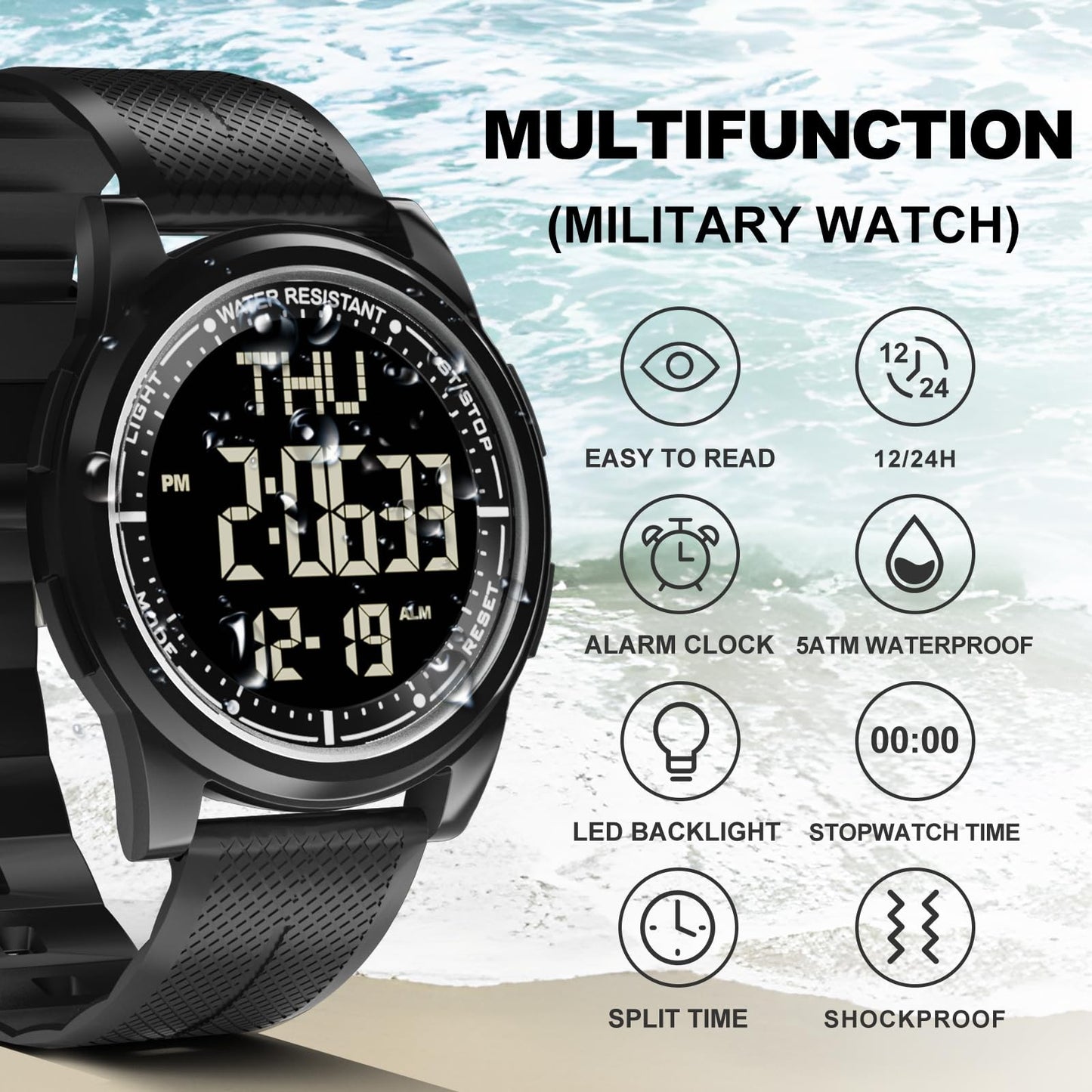 WIFORT Digital Watches for Men with Wide-Angle Display & Backlight, Waterproof