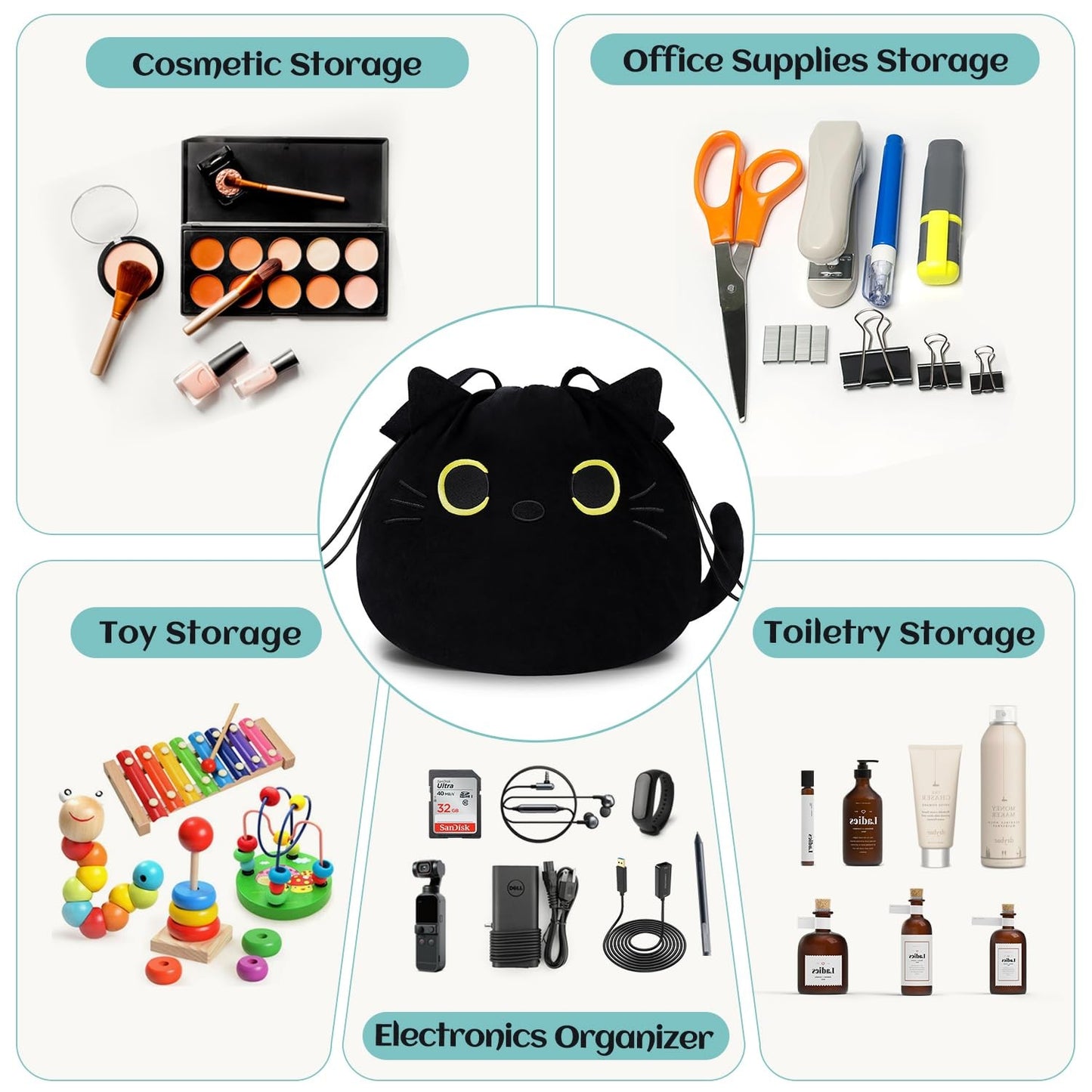Drawstring Makeup Bag Large Flat Lay Cosmetic Pouch Organizer – Black