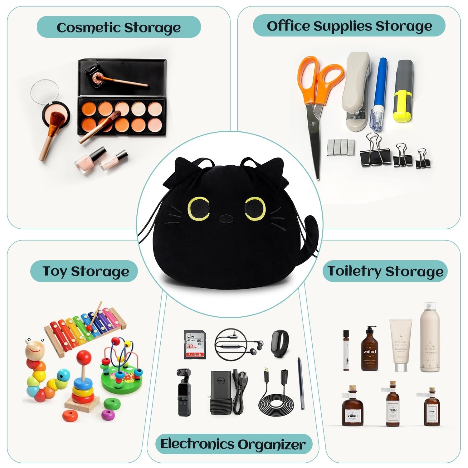 Drawstring Makeup Bag Large Flat Lay Cosmetic Pouch Organizer – Black