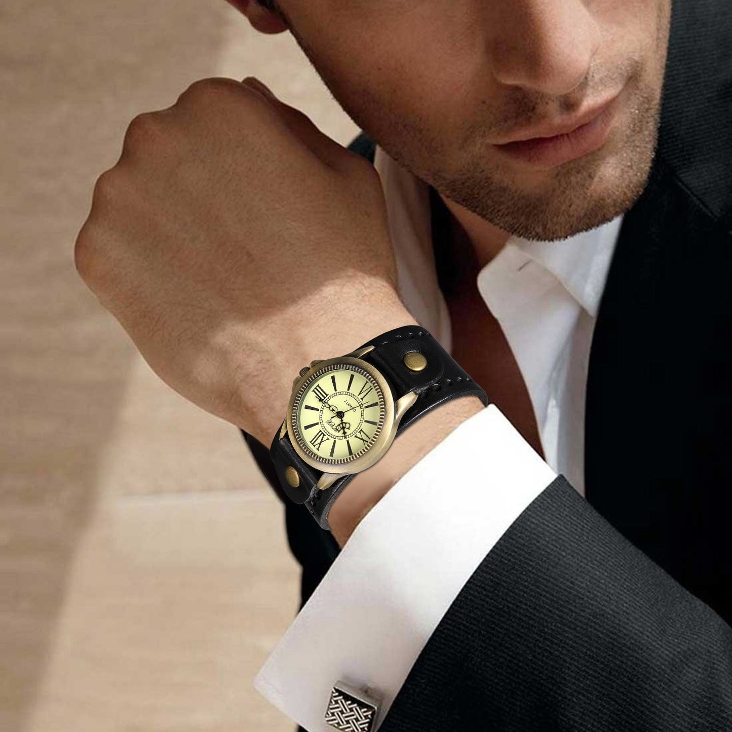 Avaner Leather Bracelet Watch Retro Punk Cuff Watch Roman Numerals Analog Quartz