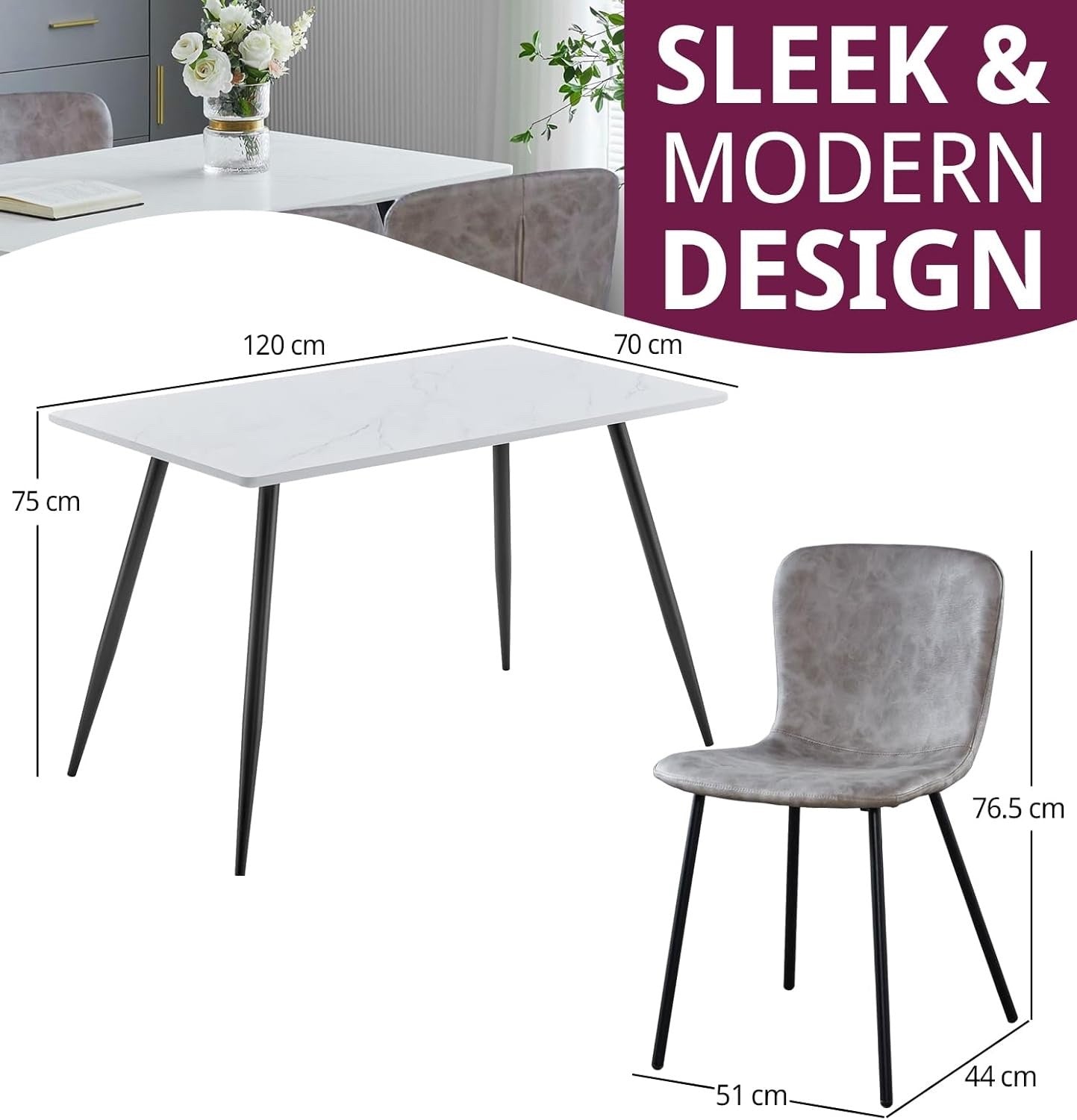 Dining Table, White Marble Effect Top Small Kitchen Table with Metal Legs
